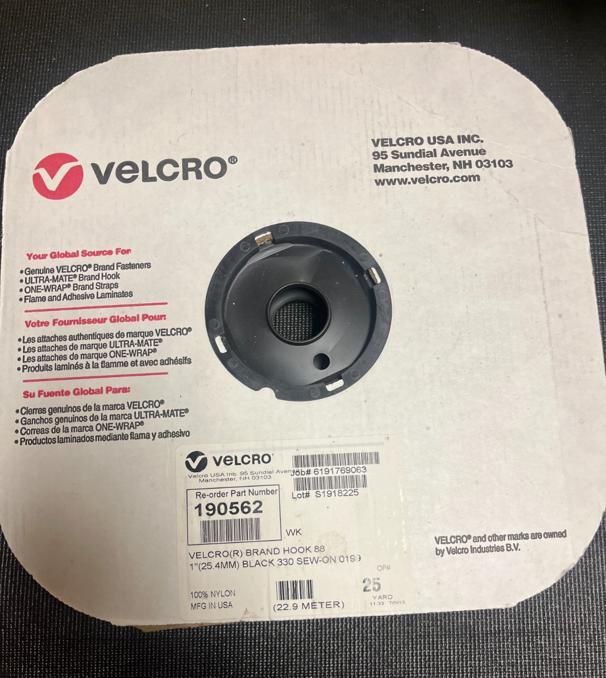 VELCRO Brand Hook 88 Sew-On 1" x 25 Yard Black Nylon Fastener Roll 190562 New