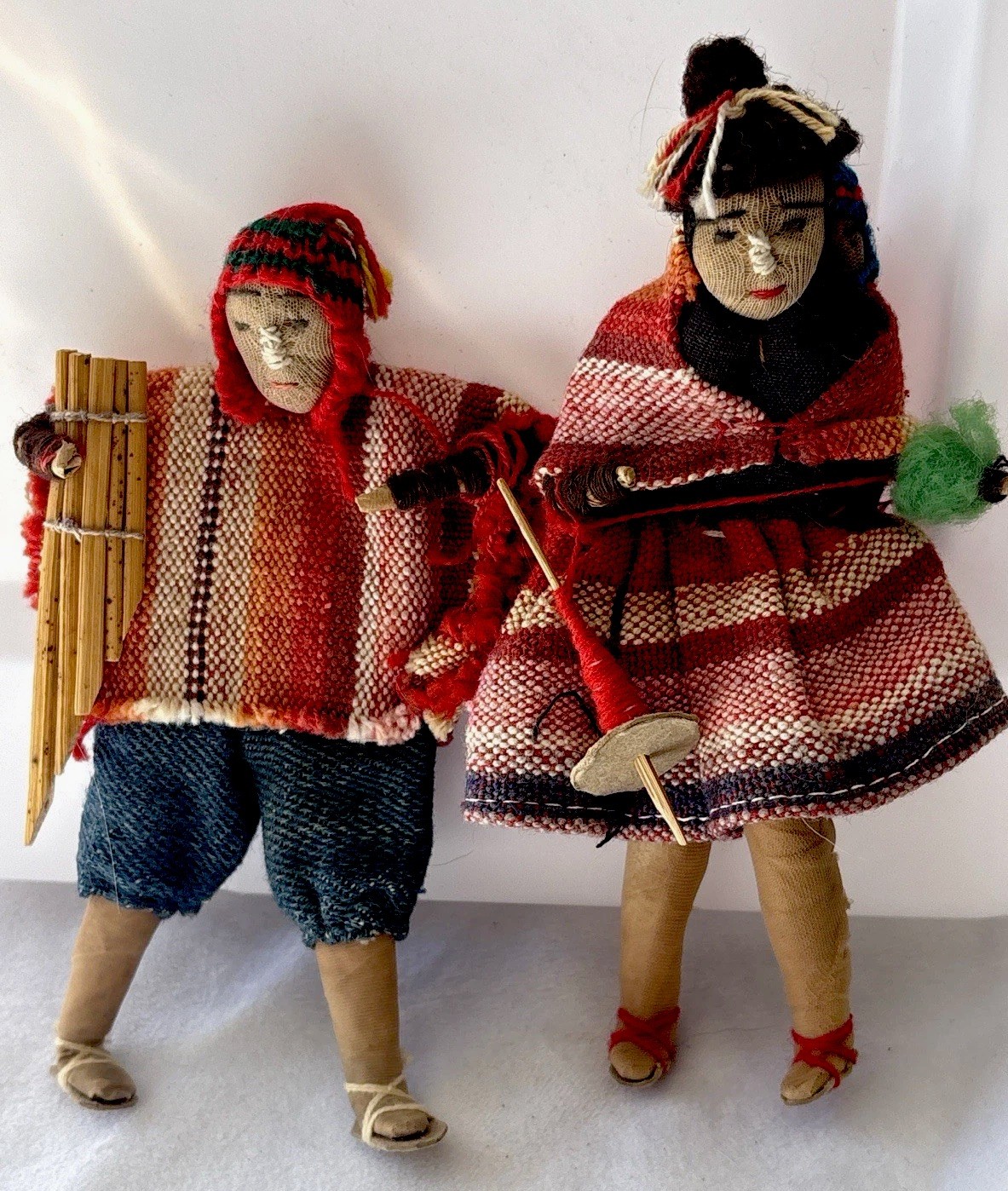 Vintage Bolivian Folk Art Doll Pair 1965 Handwoven Clothing w/ Original Tag