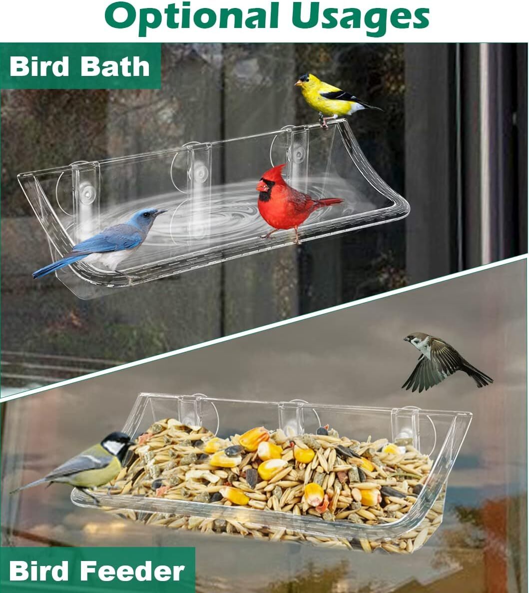 Clear Bird Bath Feeder for Outside Window Glass, Transparent