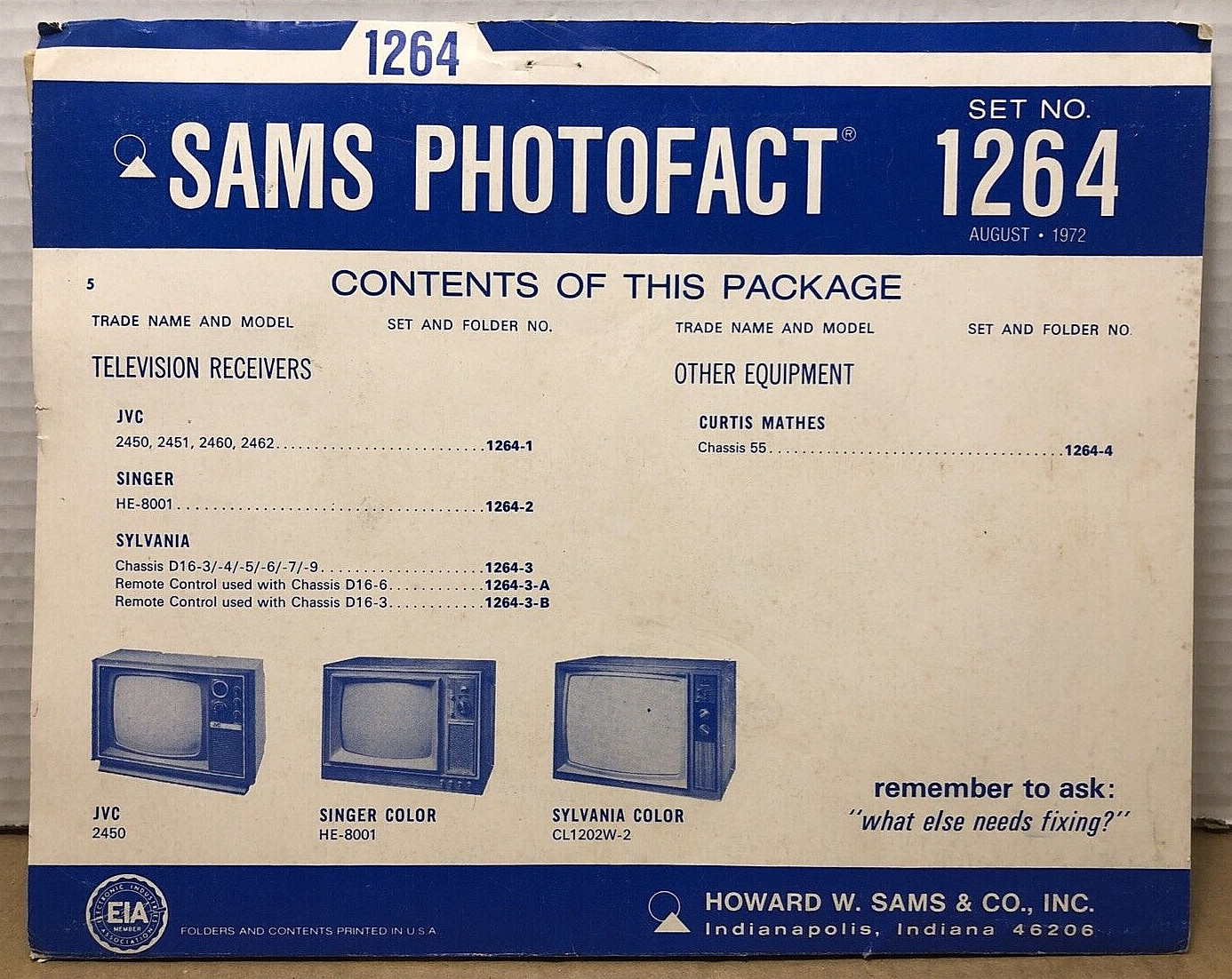 SAMS PHOTOFACT FOLDER SET NO. 1264 AUGUST 1972 - JVC SINGER SYLVANIA