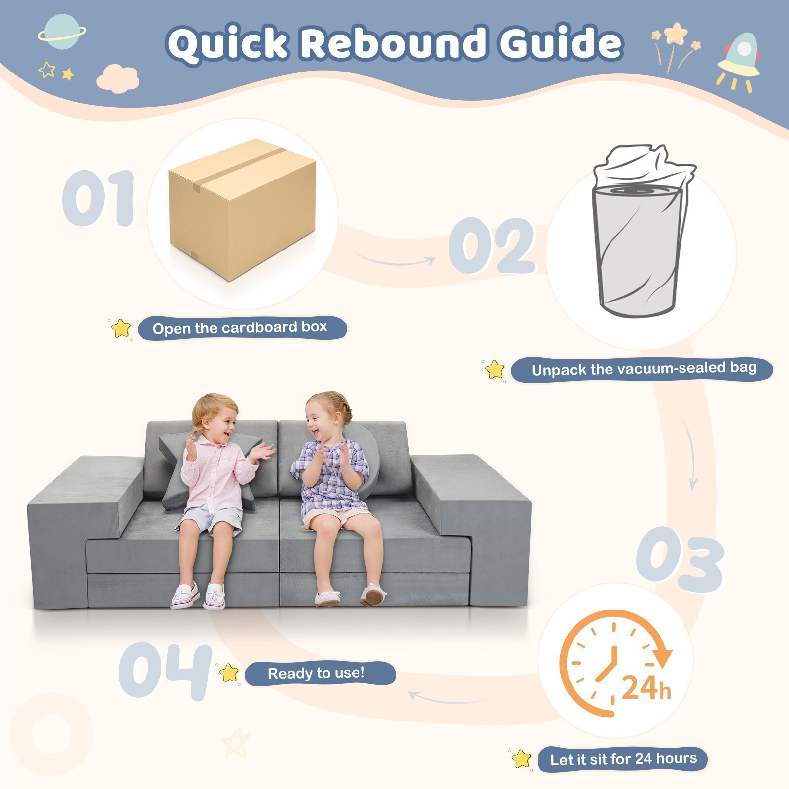 Modular Kids Play Couch for Playroom Bedroom, 9 in 1 Gray, Kids Large Game Toy