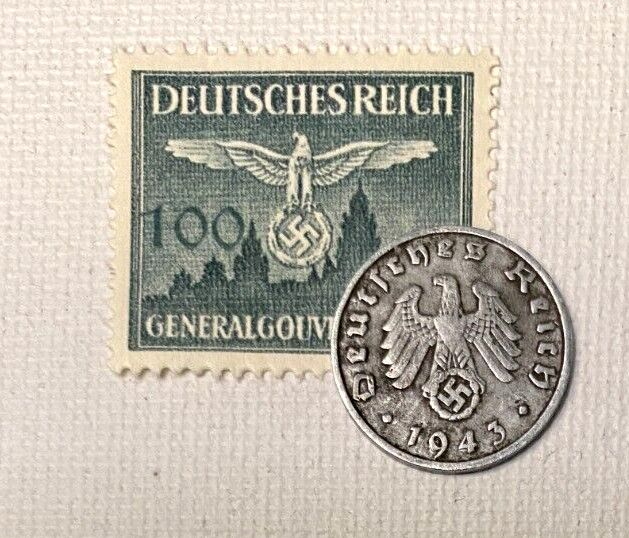 German WWII Rare 1 Rp Zinc Coin (1940-1945) & 100 Pf Stamp MNH Historical Set