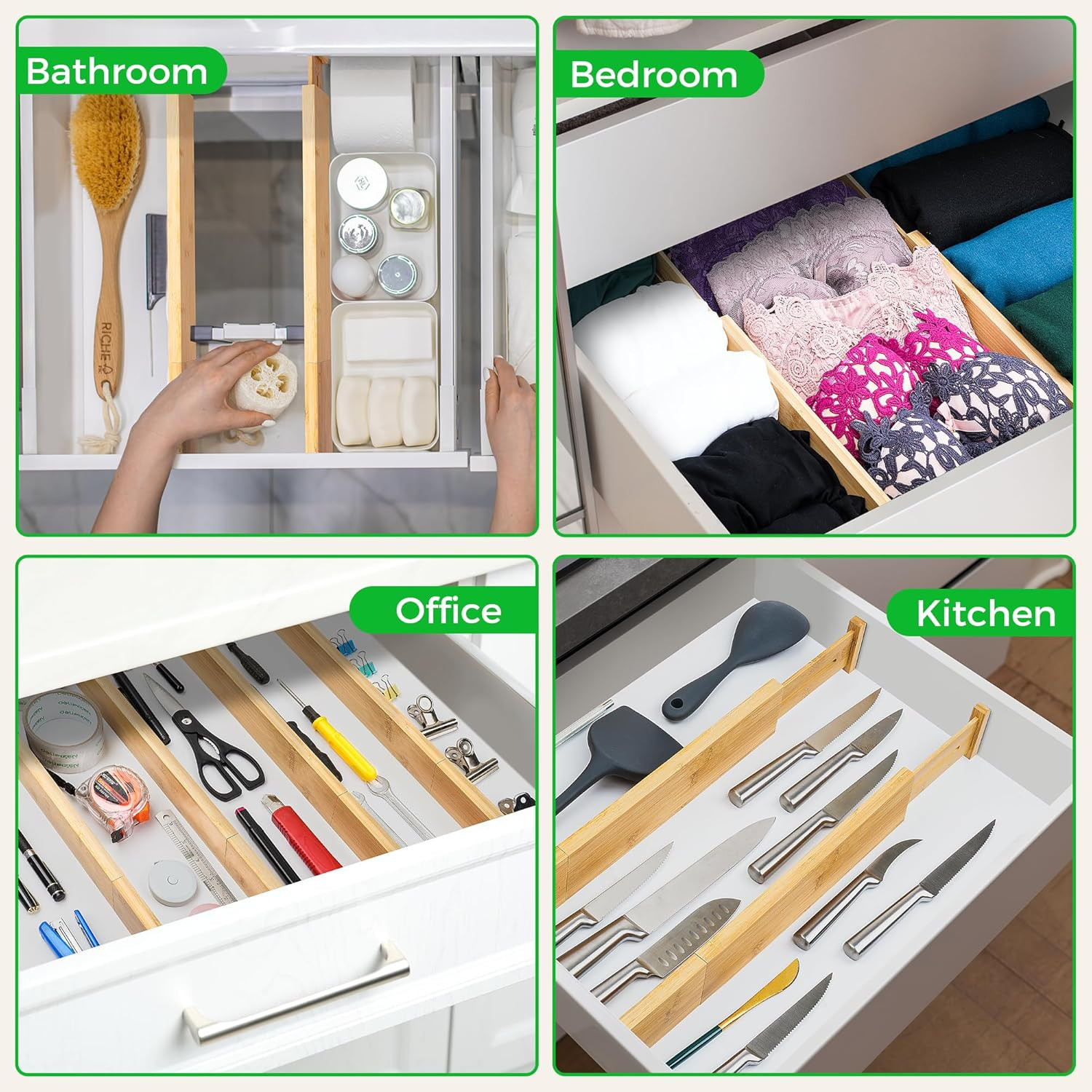 4 Pack Bamboo Kitchen Drawer Dividers with Inserts 2.6" High, Adjustable from 12
