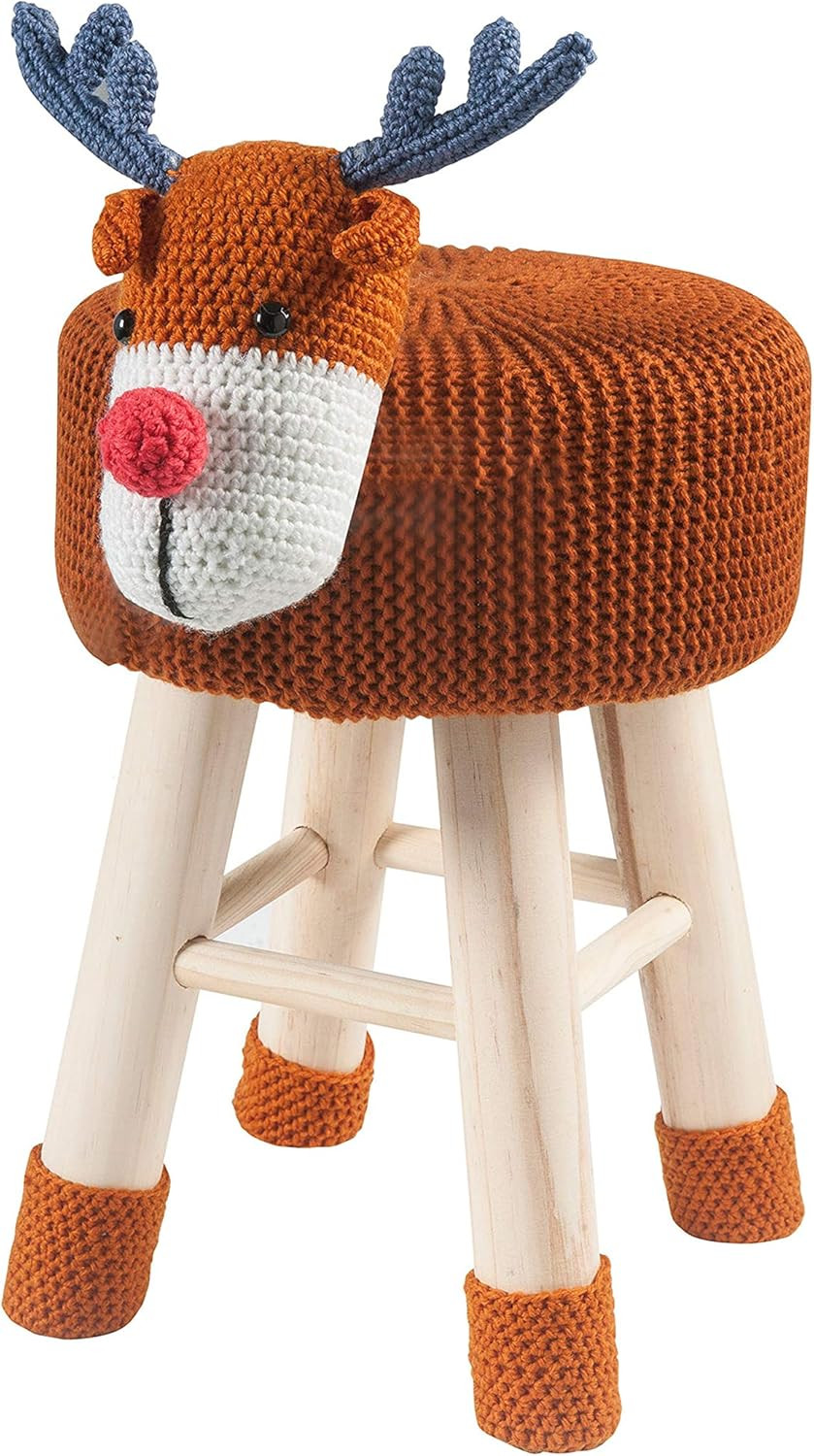 Woodland Deer Stool for Kids, Animal Themed Wooden Ottoman Chair with Soft Plush