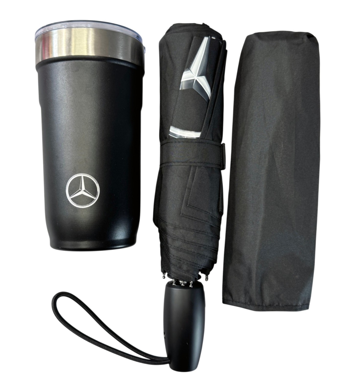 Mercedes Benz Compact Collapsable Mini Umbrella + Tumbler Set Logo OEM, Black