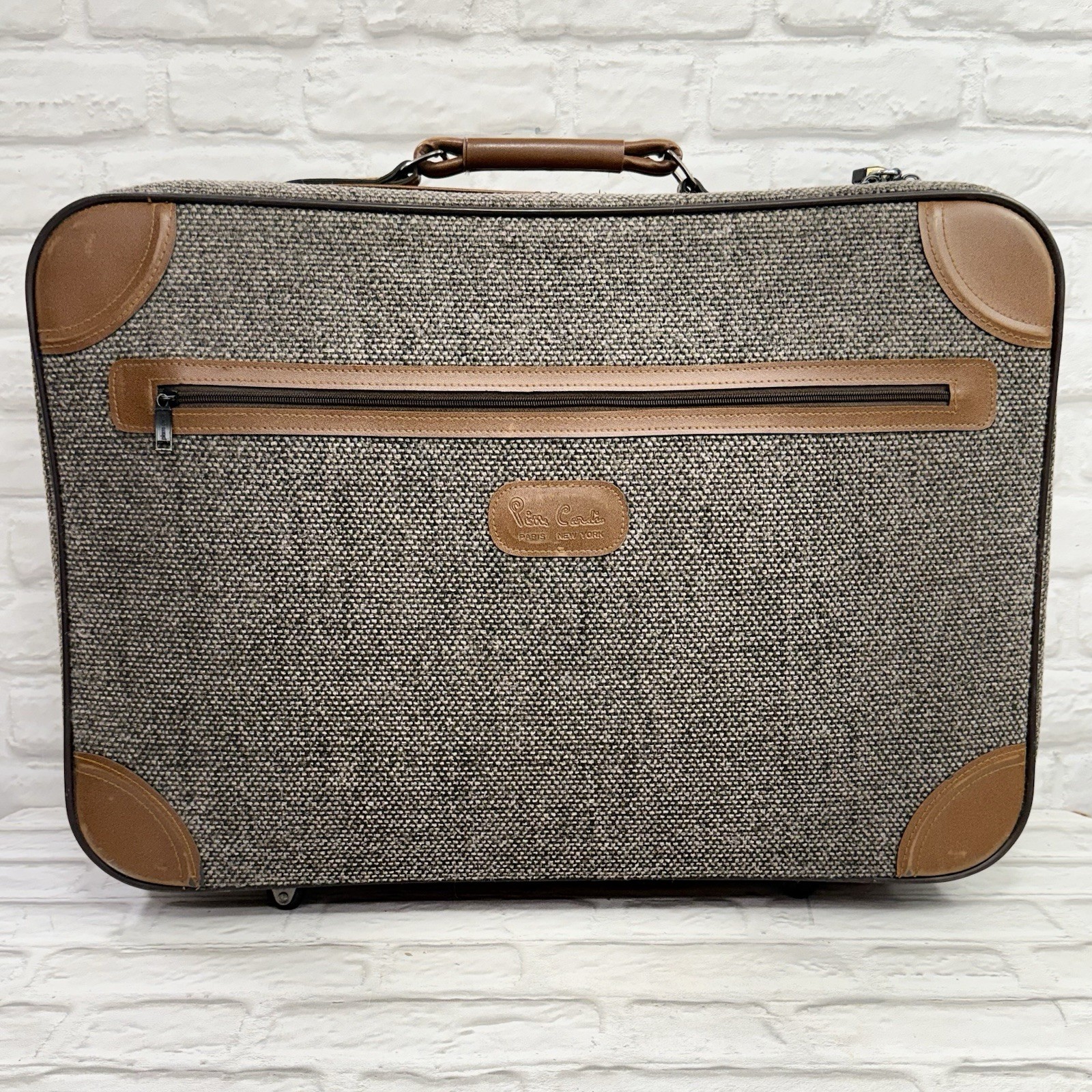 Vtg 80s Pierre Cardin Brown Tweed Leather Suitcase Designer Rolling Luggage Bag