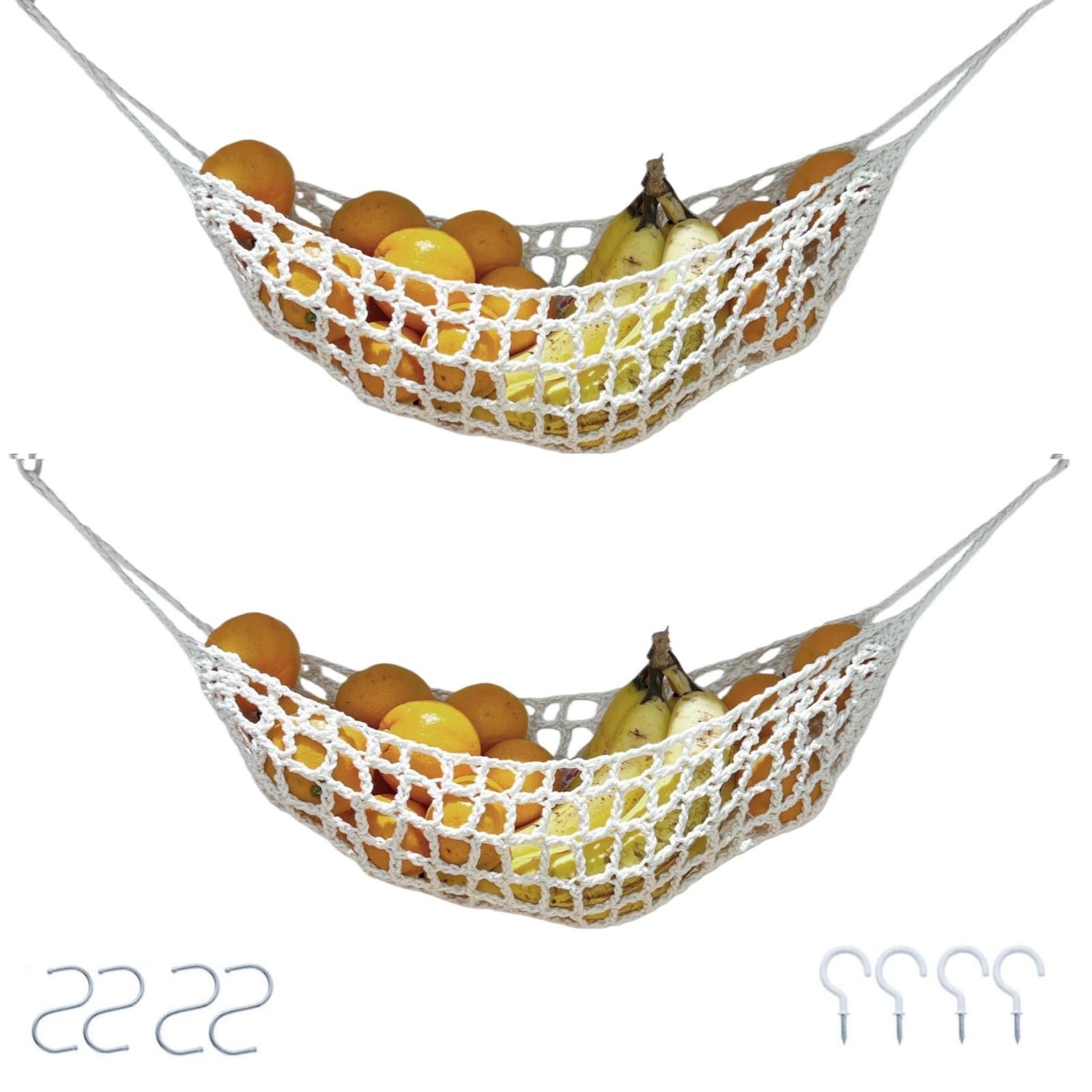 Tullace 2-Pack Hanging Fruit Hammock with Hooks - Macrame Under Cabinet Ivory
