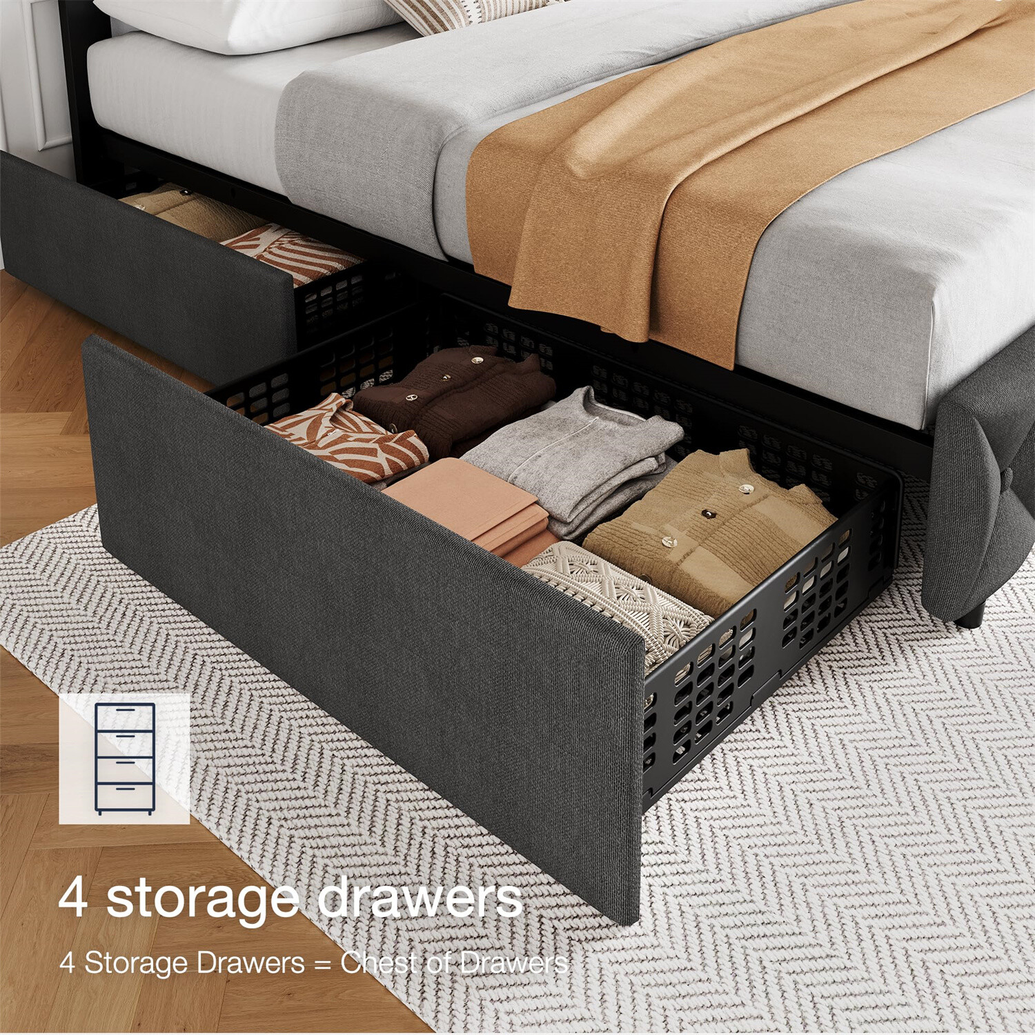 ✅Queen Size Bed Frame with 4 Storage Drawers and Headboard Upholstered Platform