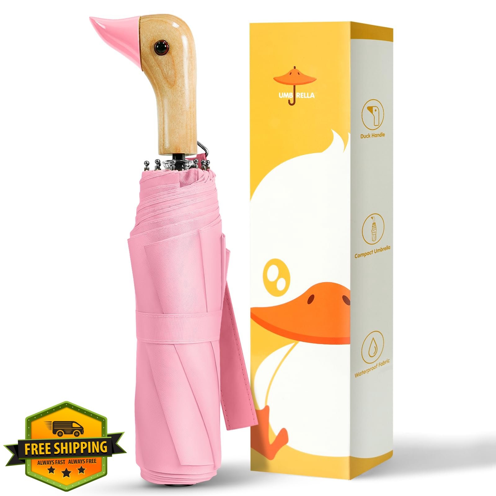 LEAGERA Folding Umbrella Duck Head Cute Kids Girls Pink Wooden Handle