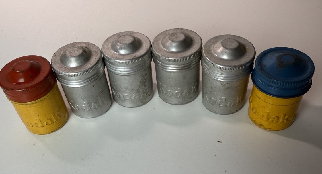 Vintage Kodak Aluminum Film Canisters Lot 6 Metal Darkroom Storage Silver Yellow