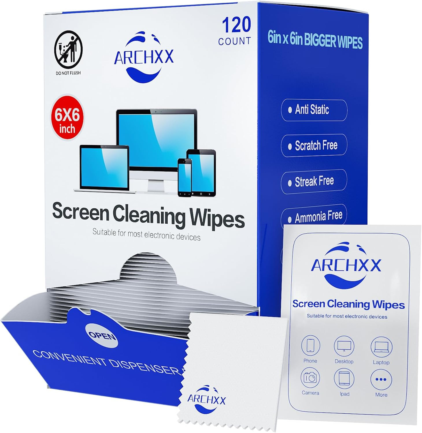 ARCHXX Screen Wipes for Electronics, 120 Count 6"X6" Pre-Moistened Screen Cleane