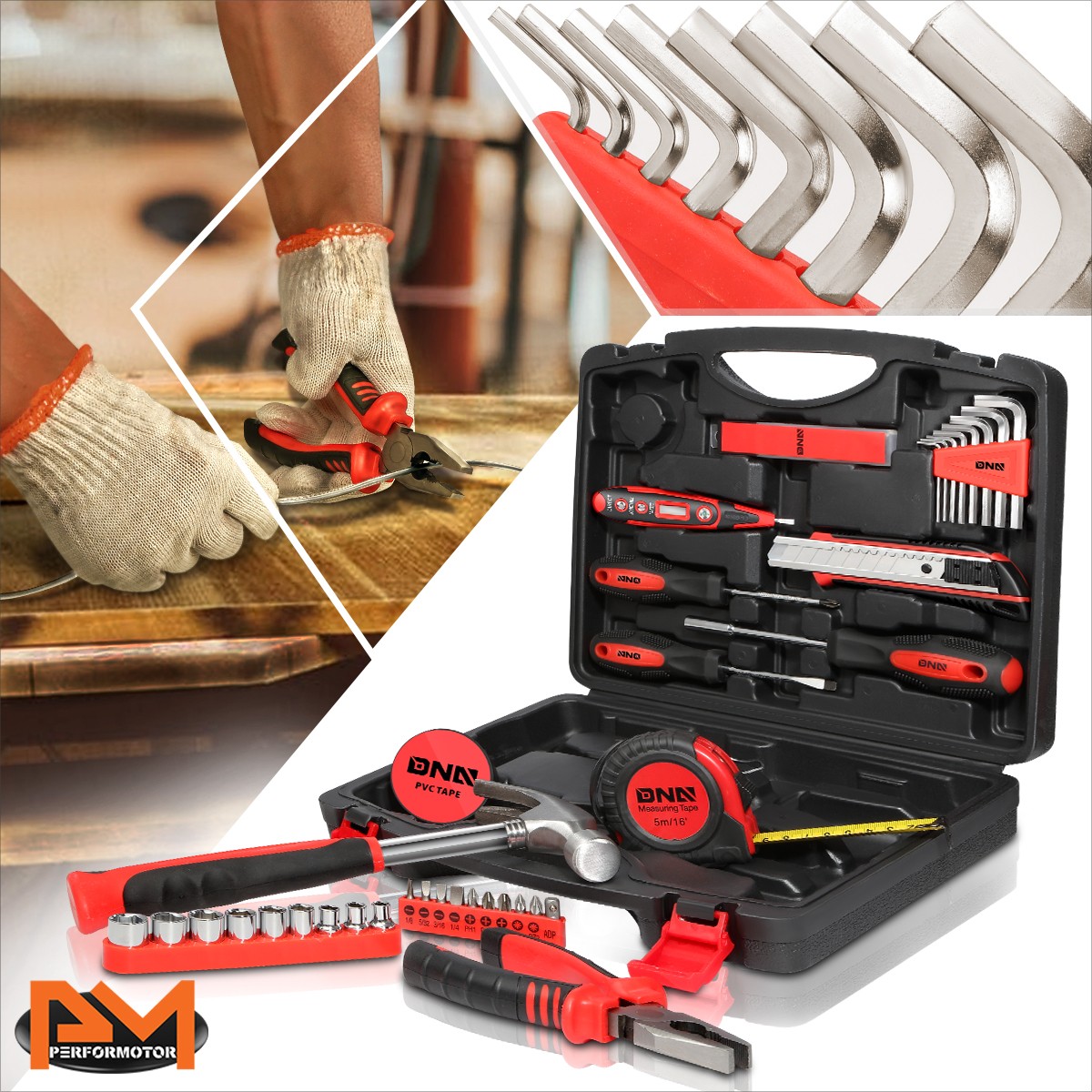[ScrewdriverHammerPliersElectroprobeHEX Keys] 46Pcs Household Toolbox Red