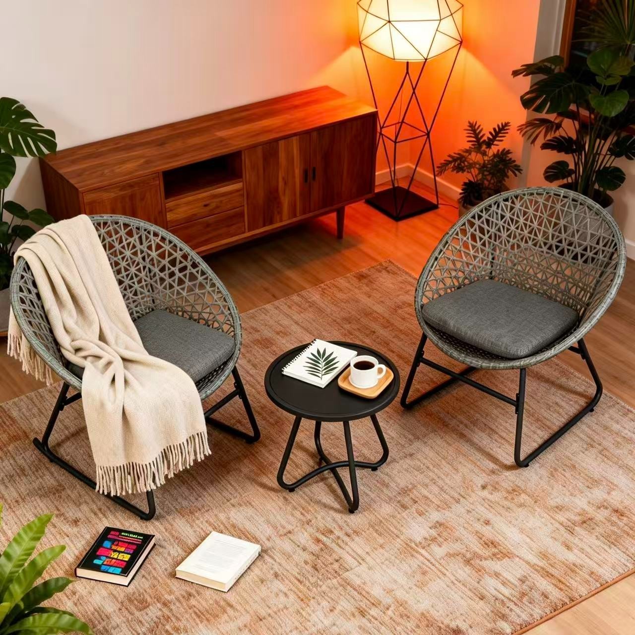 New 3Pcs Cafe Set – Table + 2 Chairs, Black Tempered Glass Top, Metal Frame