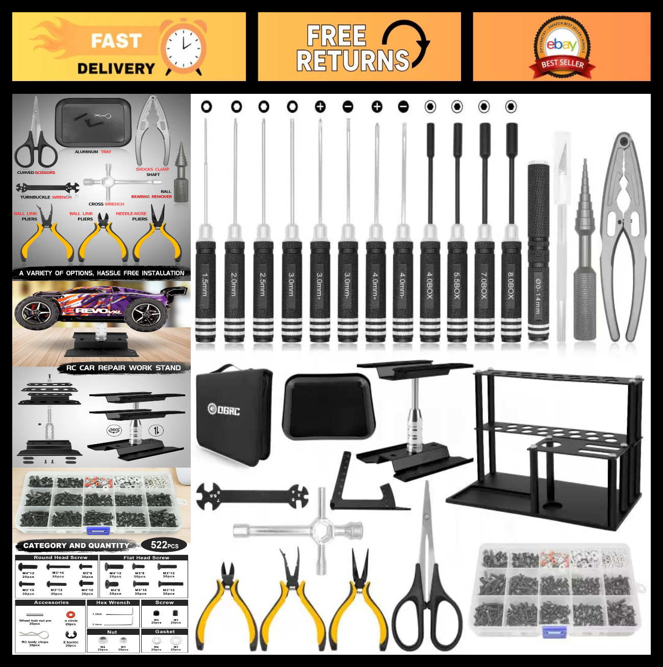 Comprehensive 522PCS RC Tool Kit with Screwdrivers, Pliers, Wrench & Work Stand