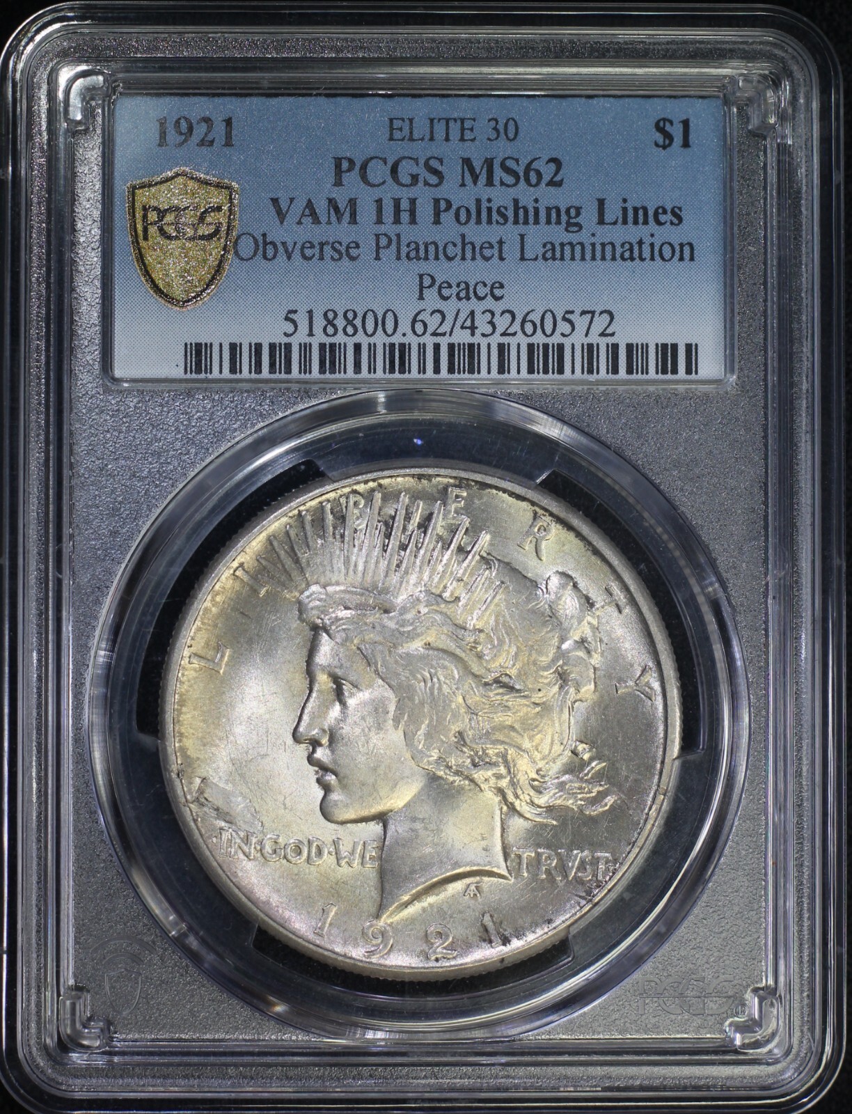 1921 Peace Silver Dollar PCGS MS62 Mint Error Obv Lamination Elite 30 VAM 1H