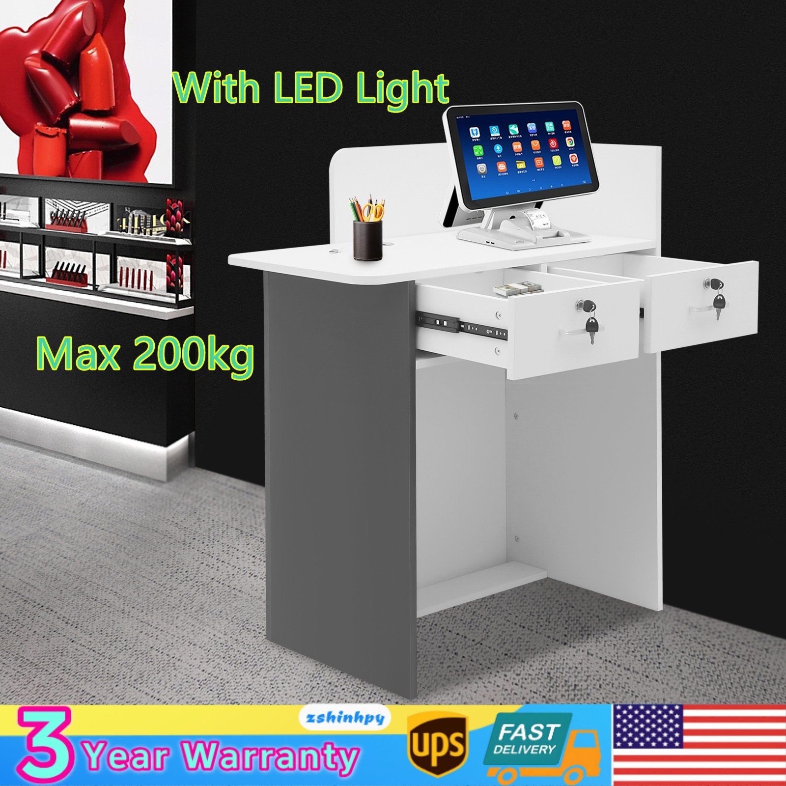 Modern Front Desk Reception Counter, Reception Desk for Salons with LED Light