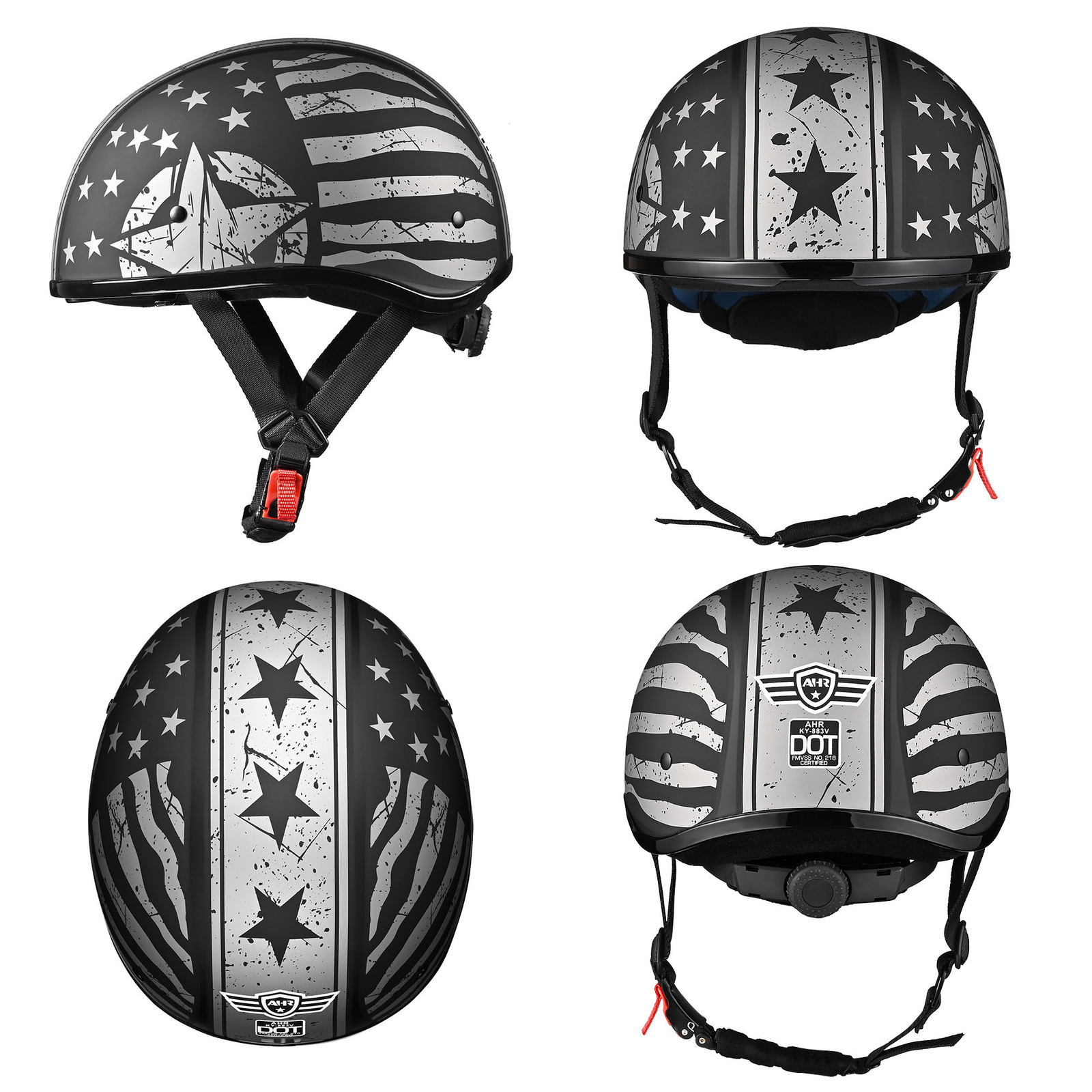 AHR Motorcycle Half Helmet Sunshield Quick Release Half Face Cruiser Scooter DOT