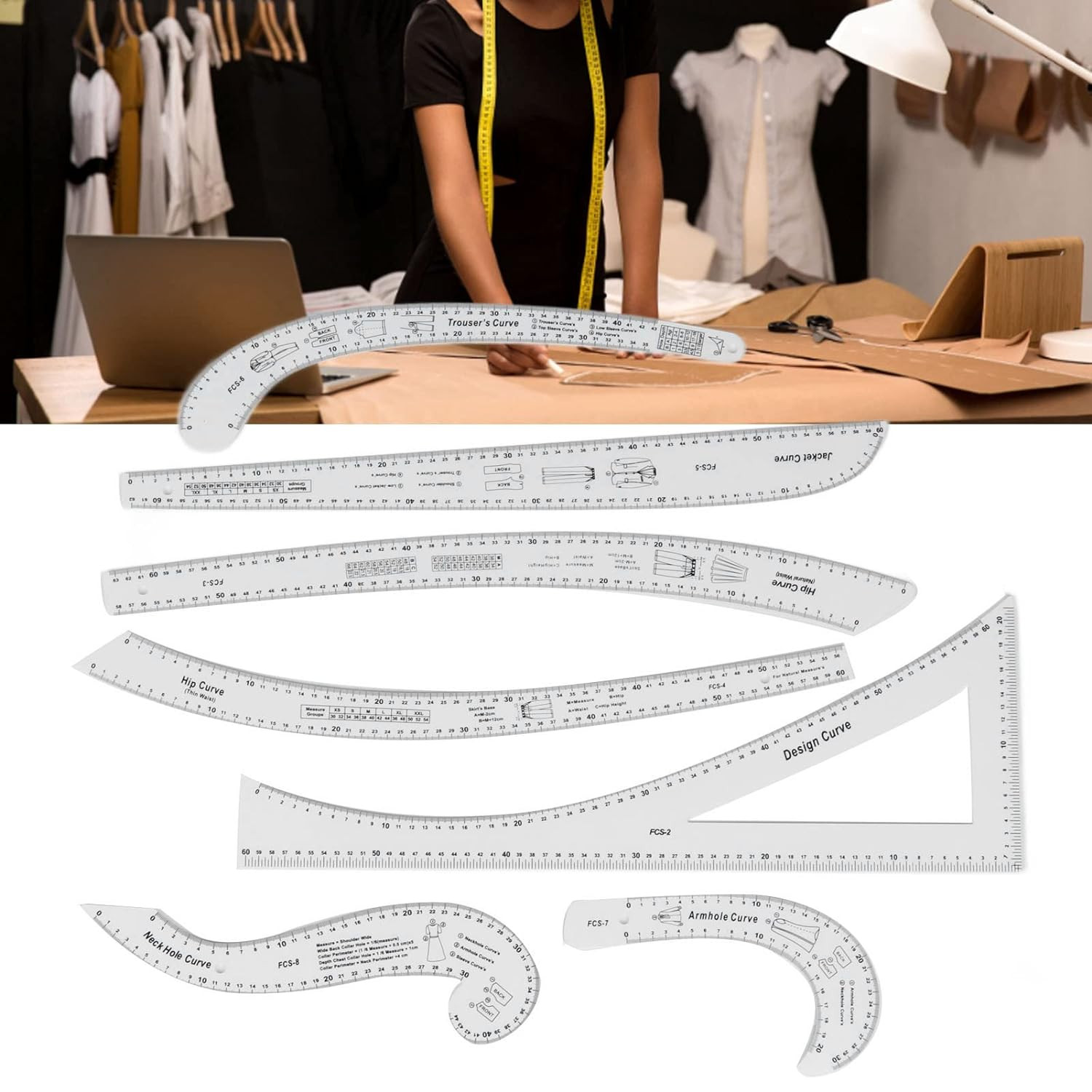 7-Piece Professional Sewing Ruler Set for Tailors and Designers