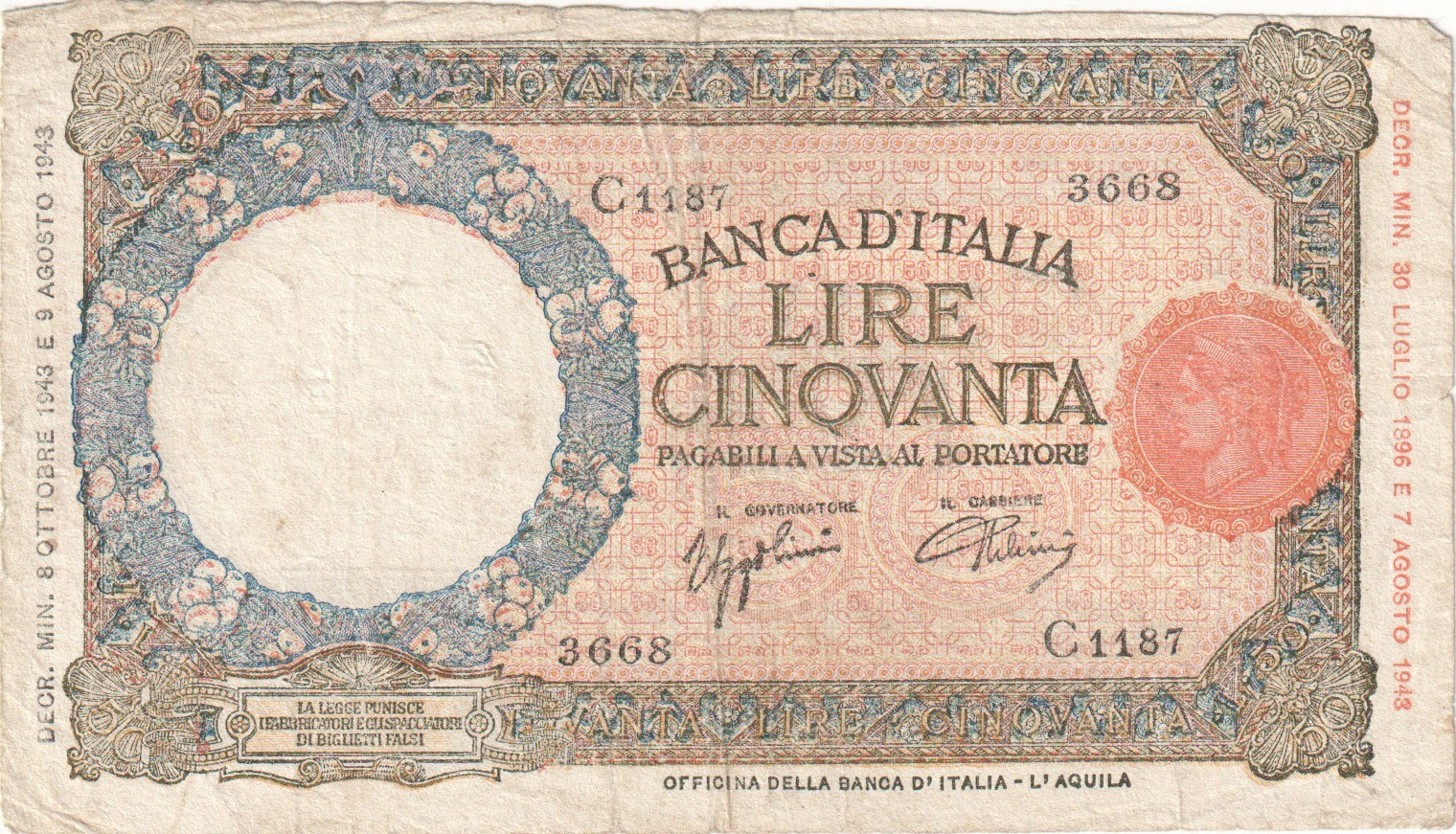 1943  Italy 50 Lire Banknote - P# 66 - VG - # 36311