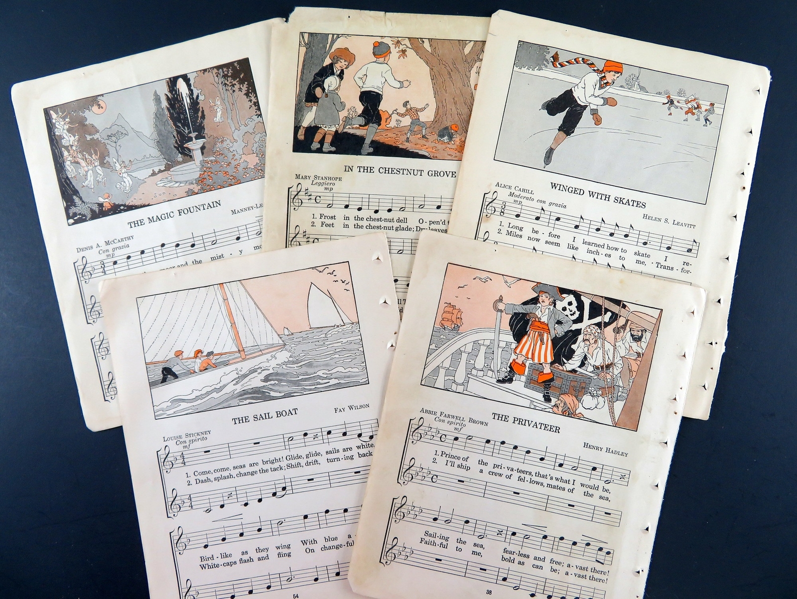 5 Vintage Child Songbook Pages with Illustrations, Music & Lyrics on Both Sides