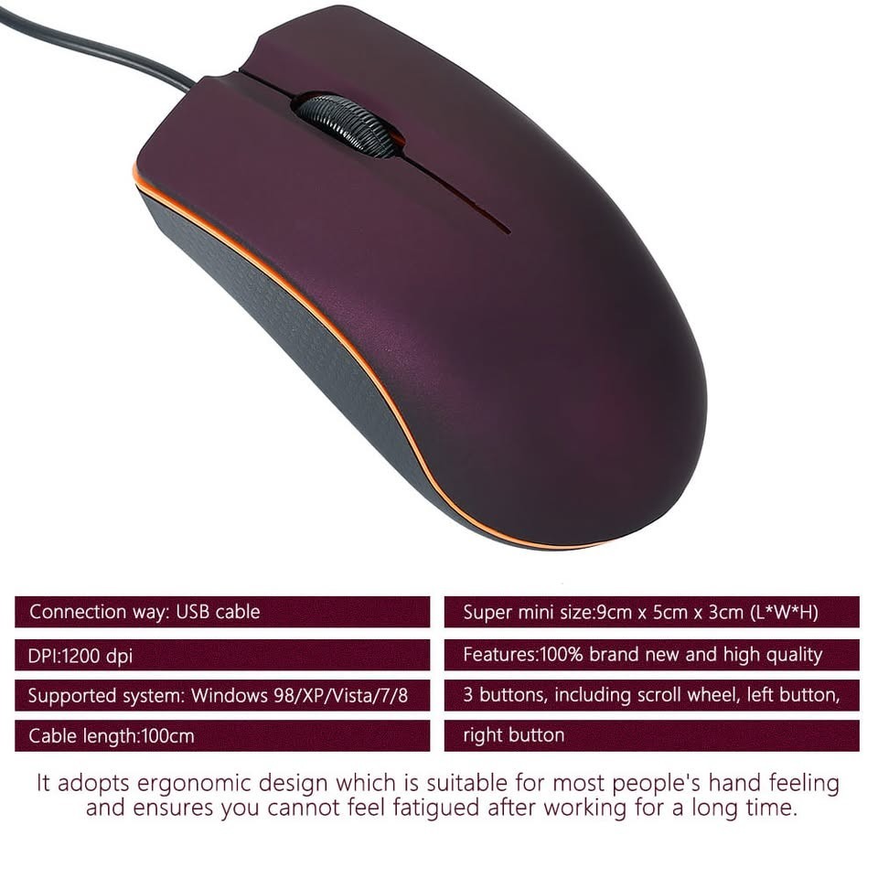 Wired Mini Optical Mouse - Ergonomic Design, USB Computer | Laptop | Purple