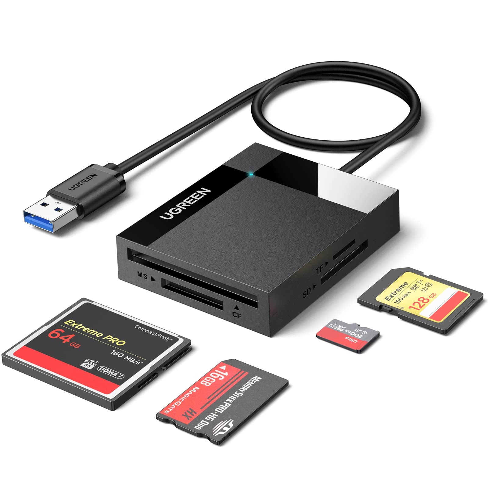 UGREEN SD Card Reader USB 3.0 Hub Adapter 5Gbps Read 4 Cards Black