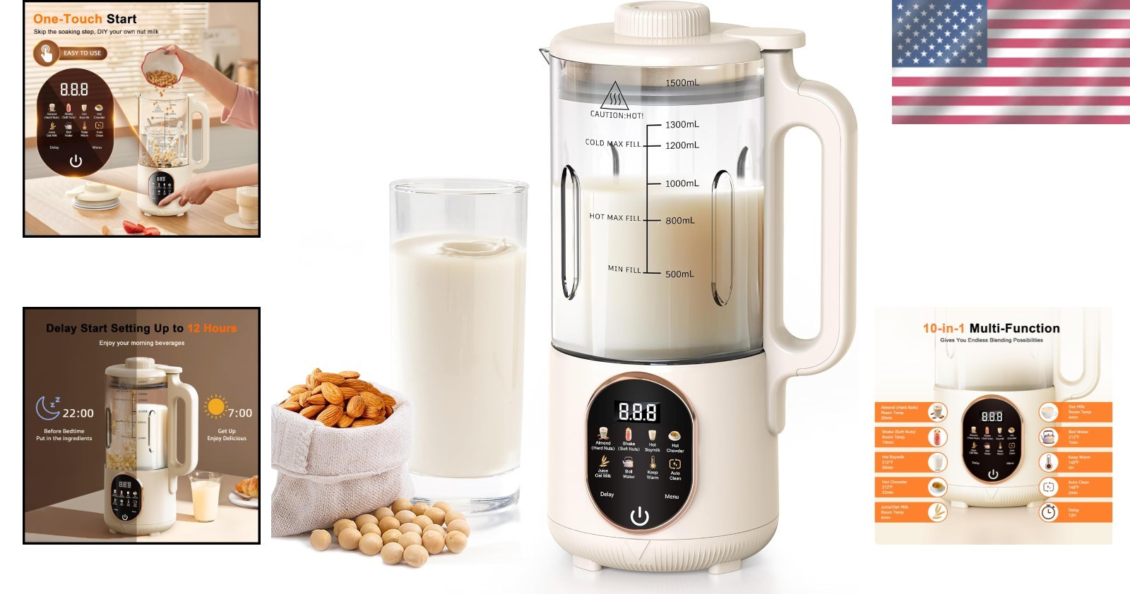 Versatile Almond Milk Maker - 10 Functions & One-Touch Operation for Easy Use