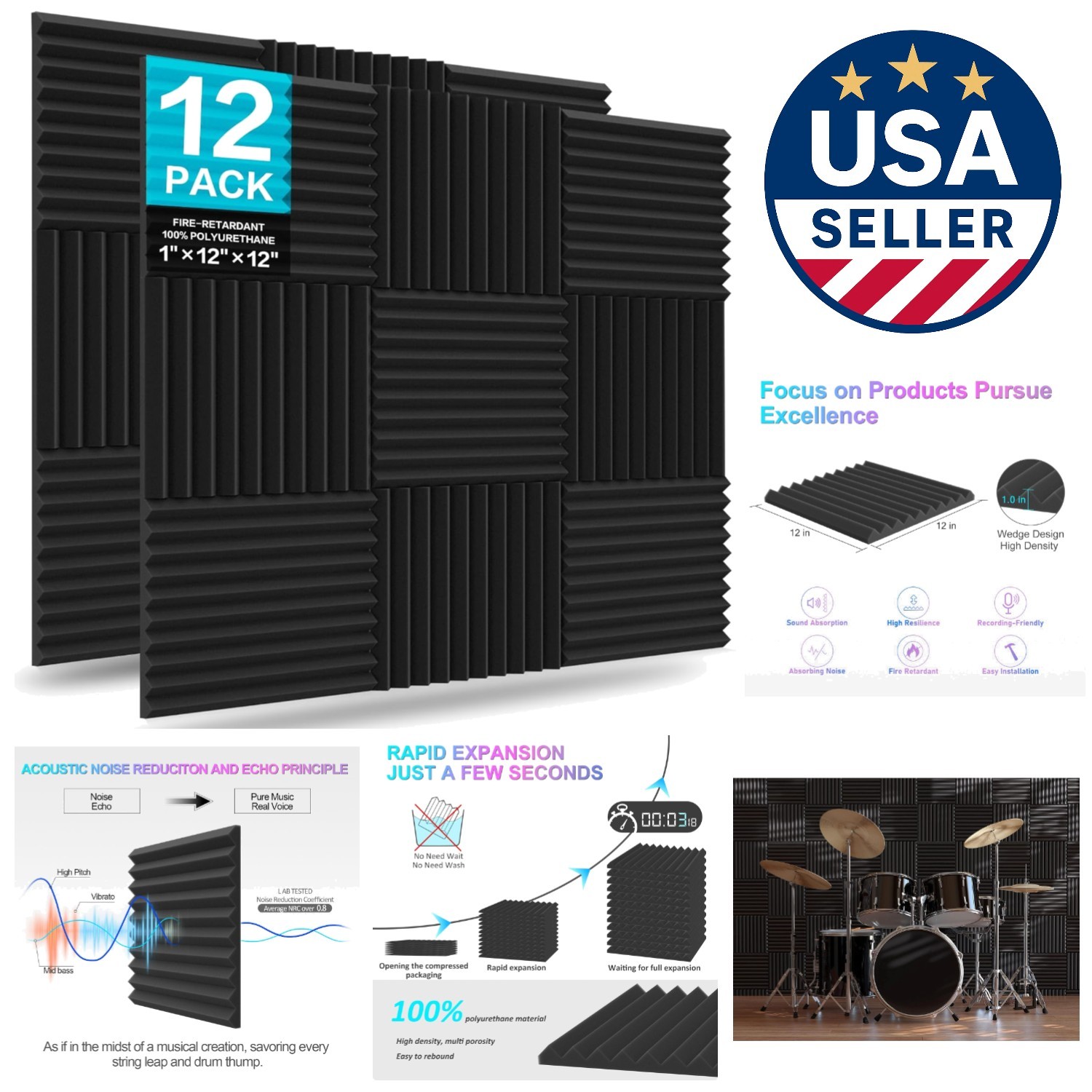 12 Square Feet of Acoustic Foam Panels - Noise Reduction for Musicians & Gamers