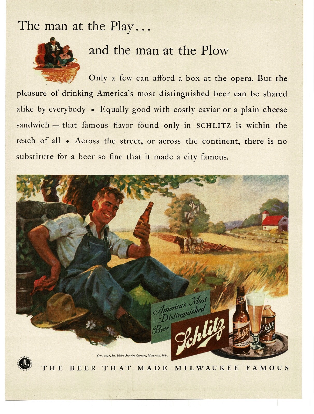 1941 Schlitz Beer Farm Farmer taking a break Plow Horses Vintage Print Ad