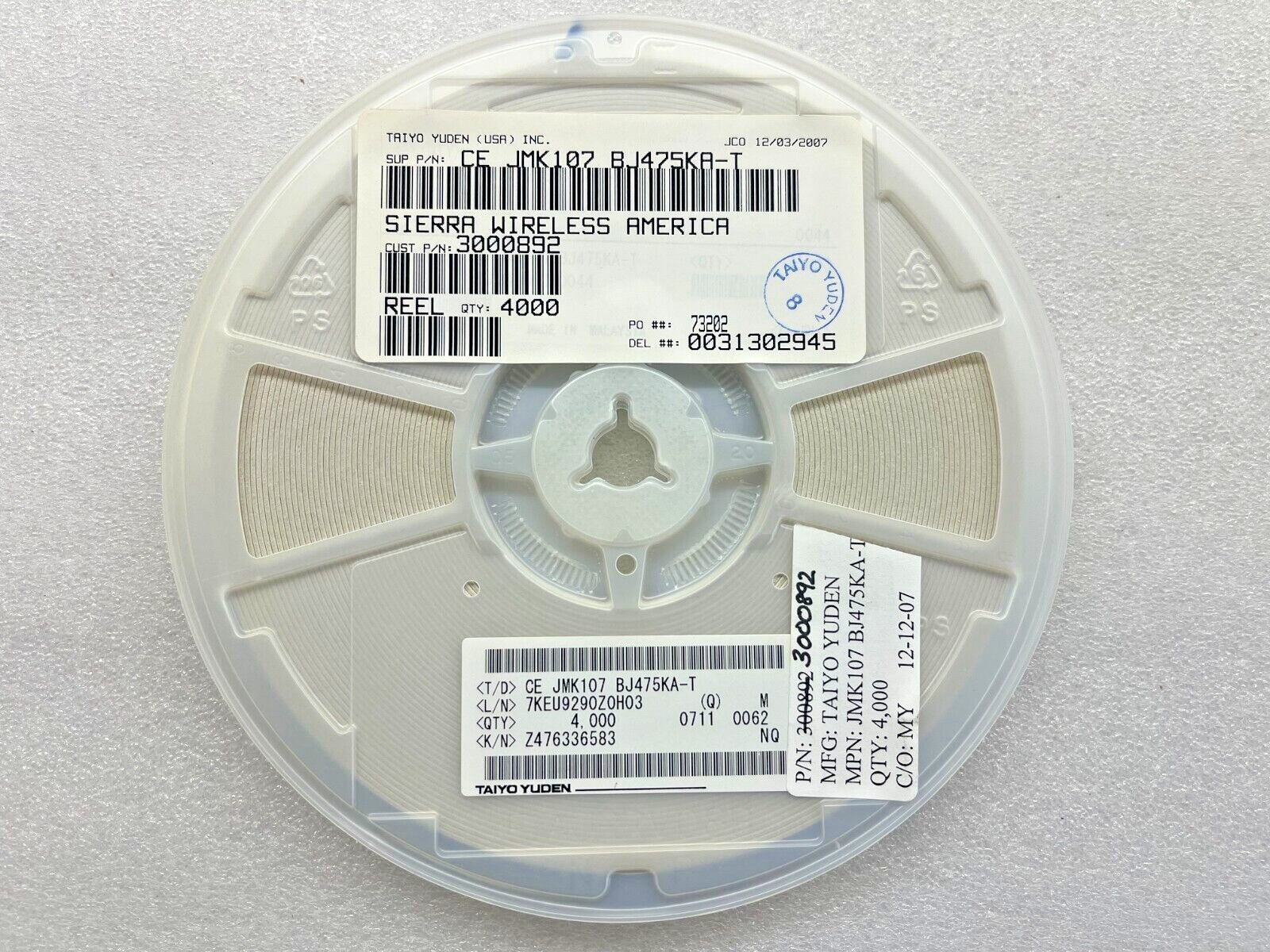 (4,000 PIECE REEL) JMK107BJ475KA-T, TAIYO YUDEN, CAP CER 4.7UF 6.3V X5R 0603