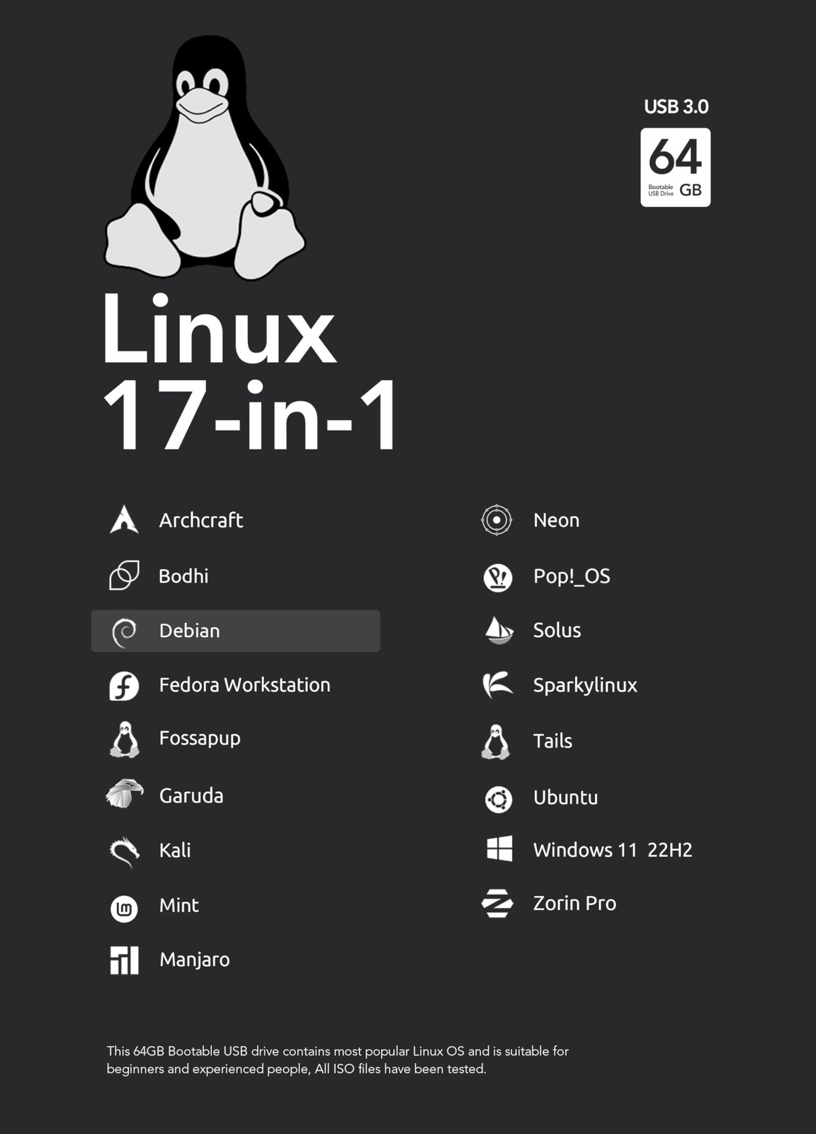 64GB - 17-in-1, Bootable USB Drive 3.2 for Linux & Windows 11, Zorin | Mint |...