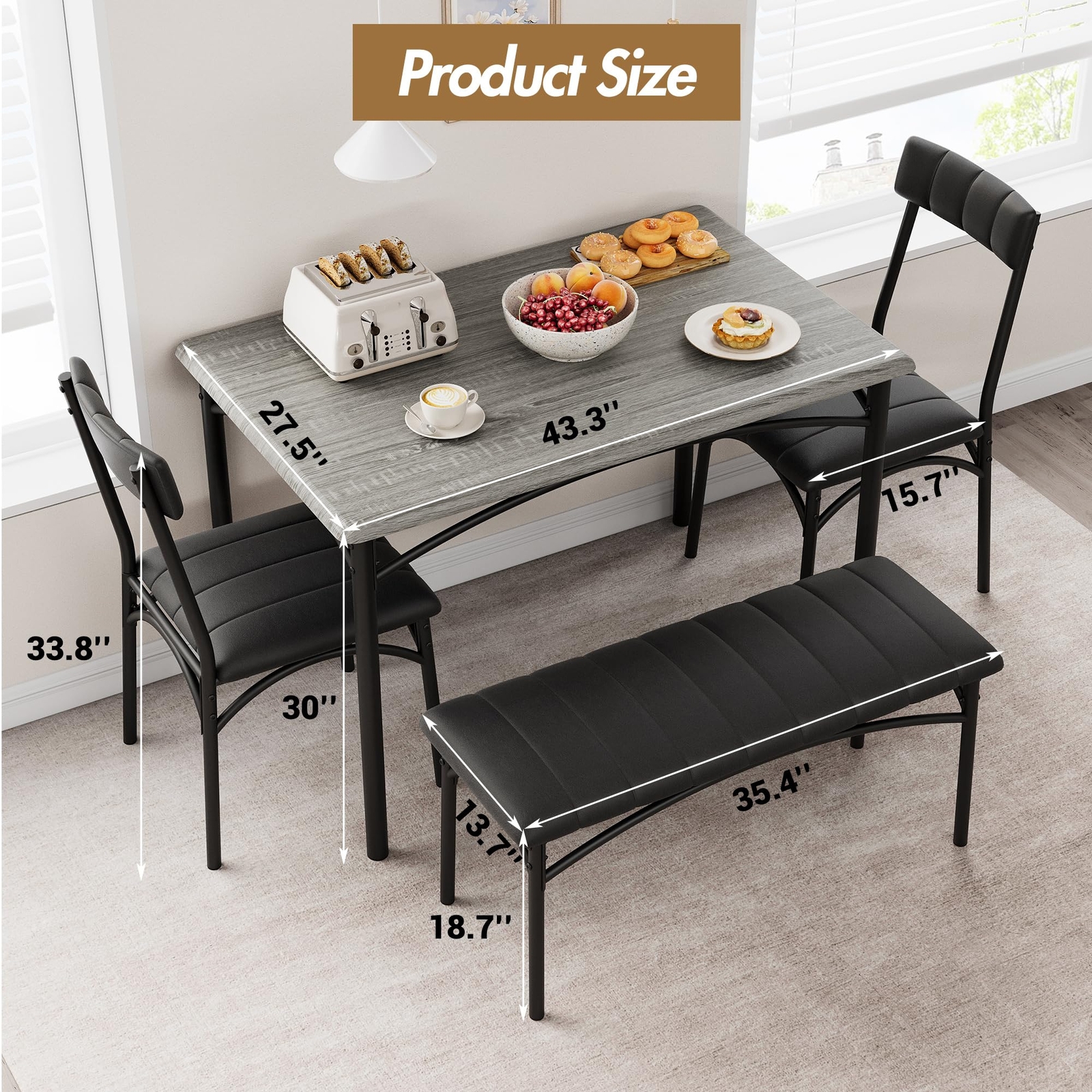 Dining Table Set, Kitchen Table With Upholstered Bench and Chairs for Apartment