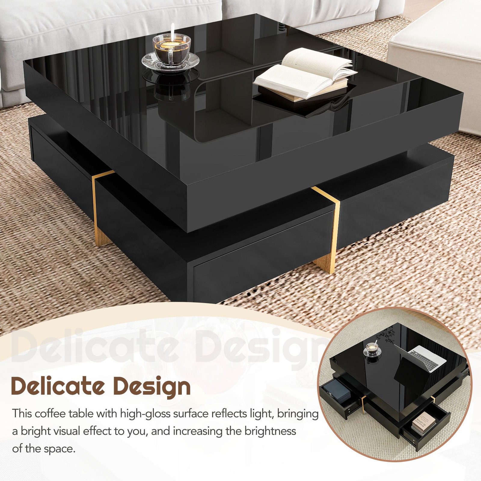 Vinsetto Coffee Table with 4 Drawers, Black