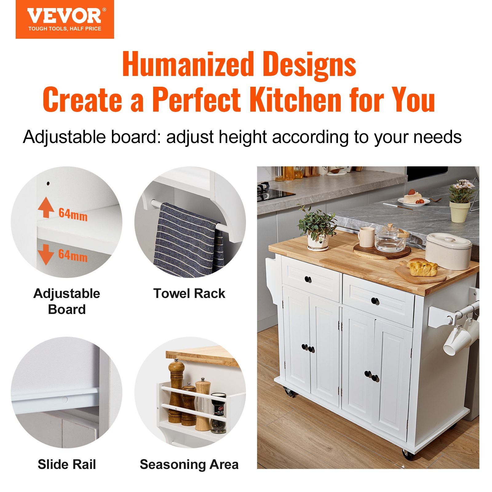 VEVOR Kitchen Island Cart With Solid Wood Top, 35.4 Width Mobile Carts