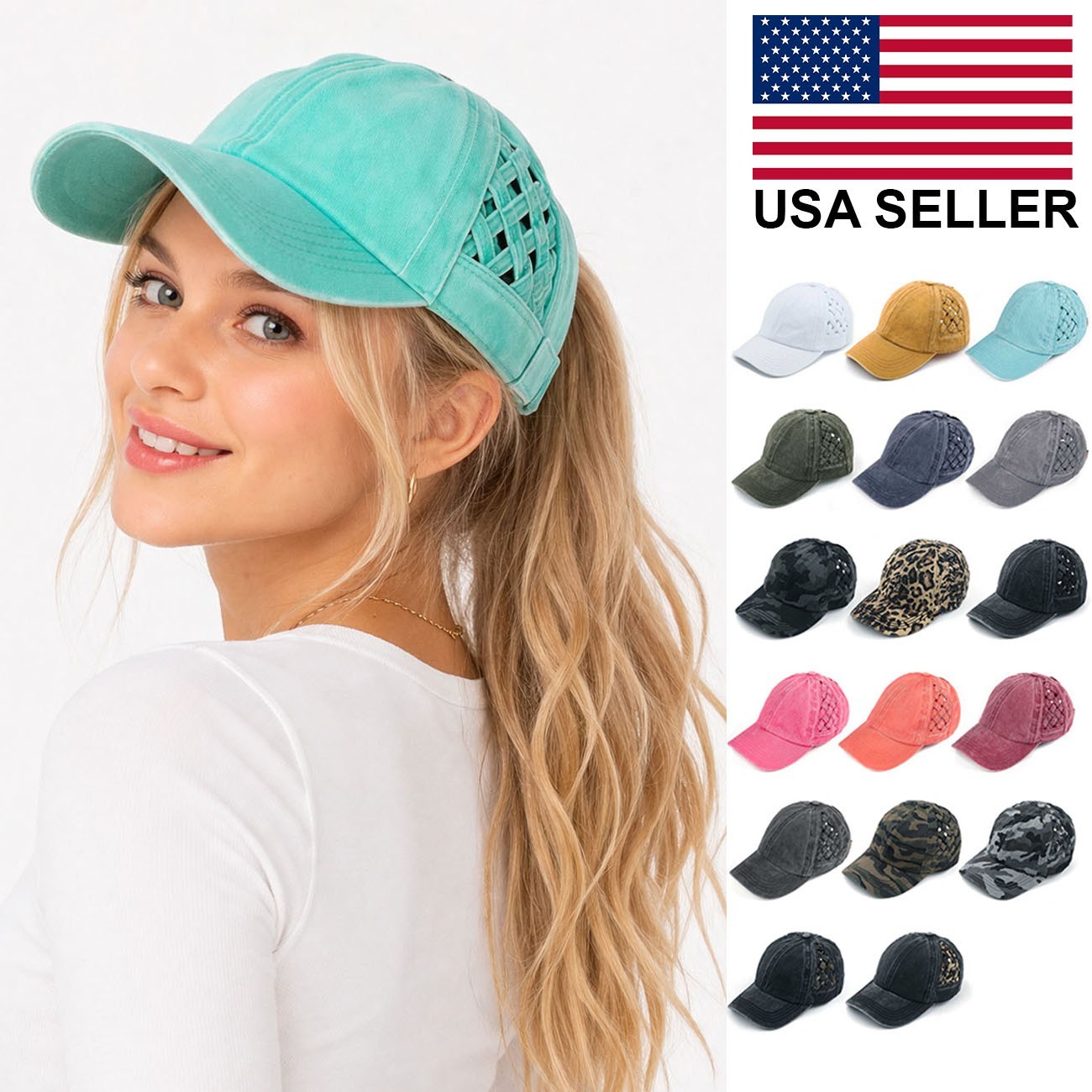 C.C Women's Cotton Weavon Basket Criss Cross Ponytail Messy Bun Baseball Cap Hat