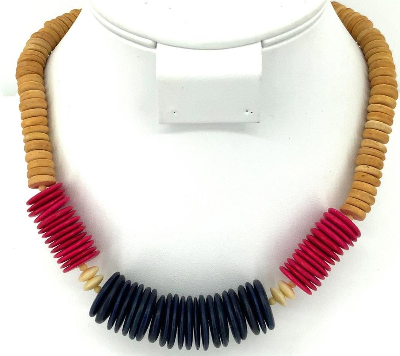 Vintage Wood Resin Mid Century Necklace Red Blue Tan Disc Bead Boho Choker