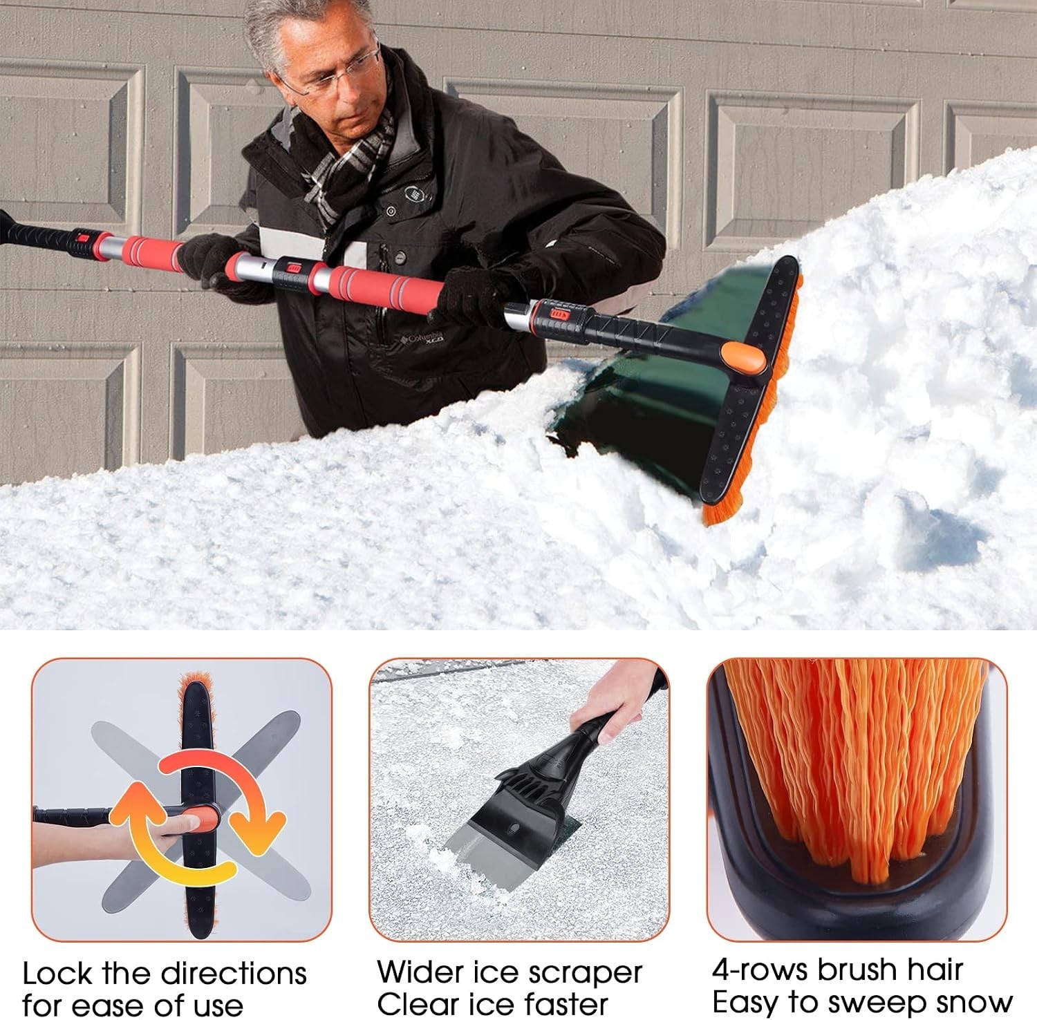 62.4" - Ice Scrapers for Car Windshield, 360°Pivoting Brush Head, Comfortable...