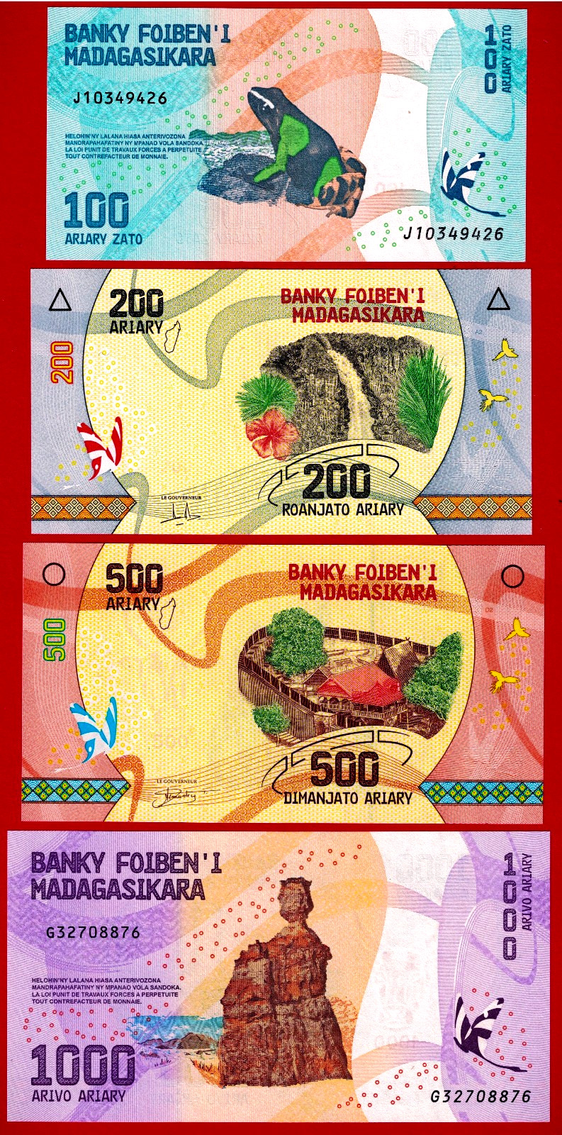 MADAGASCAR MASDAGASIKARA UNC Notes: 100, 200, 500, & 1000 Ariary - Various Years
