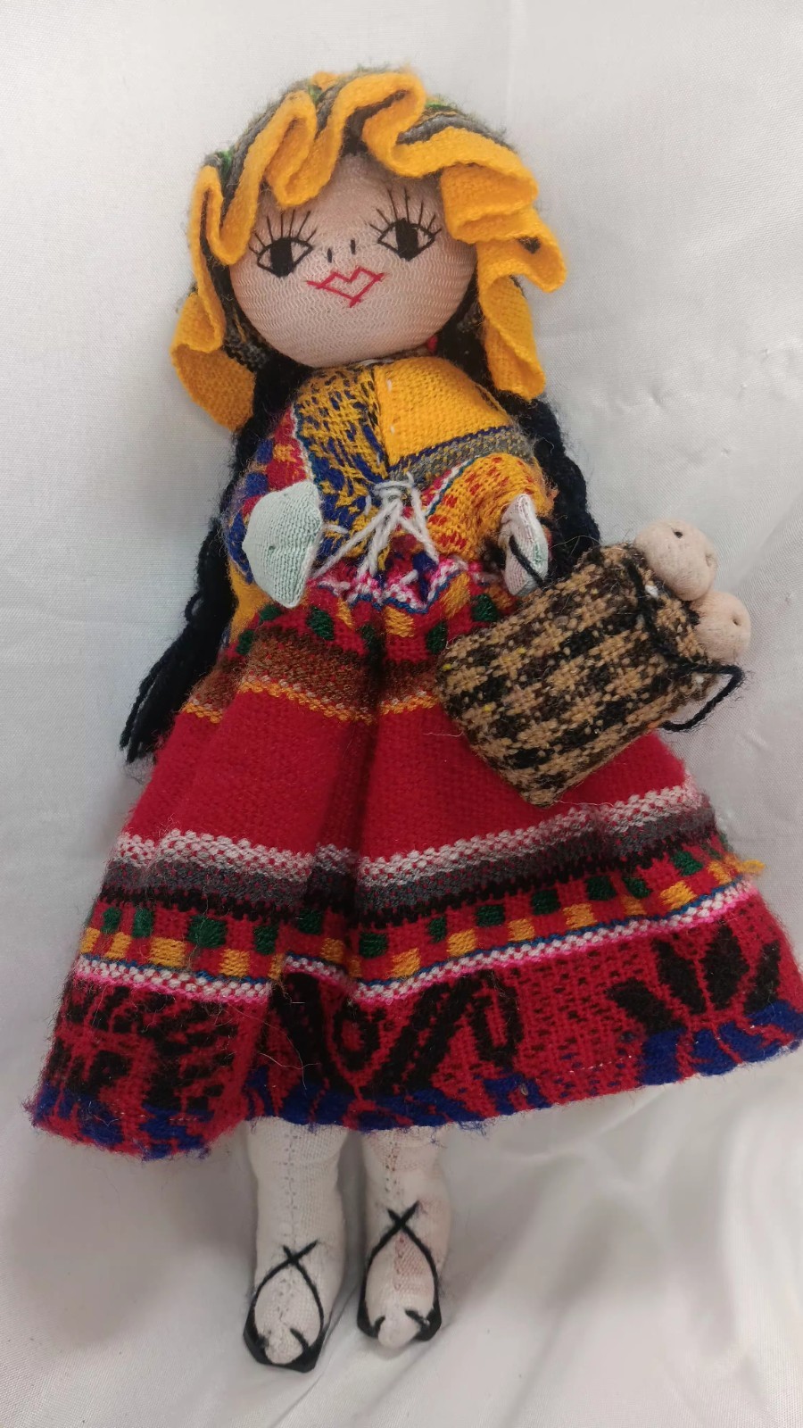 Peruvian Folk Art Doll Handcrafted Girl W/ 3 Babies Colorful Knit Dress 10"