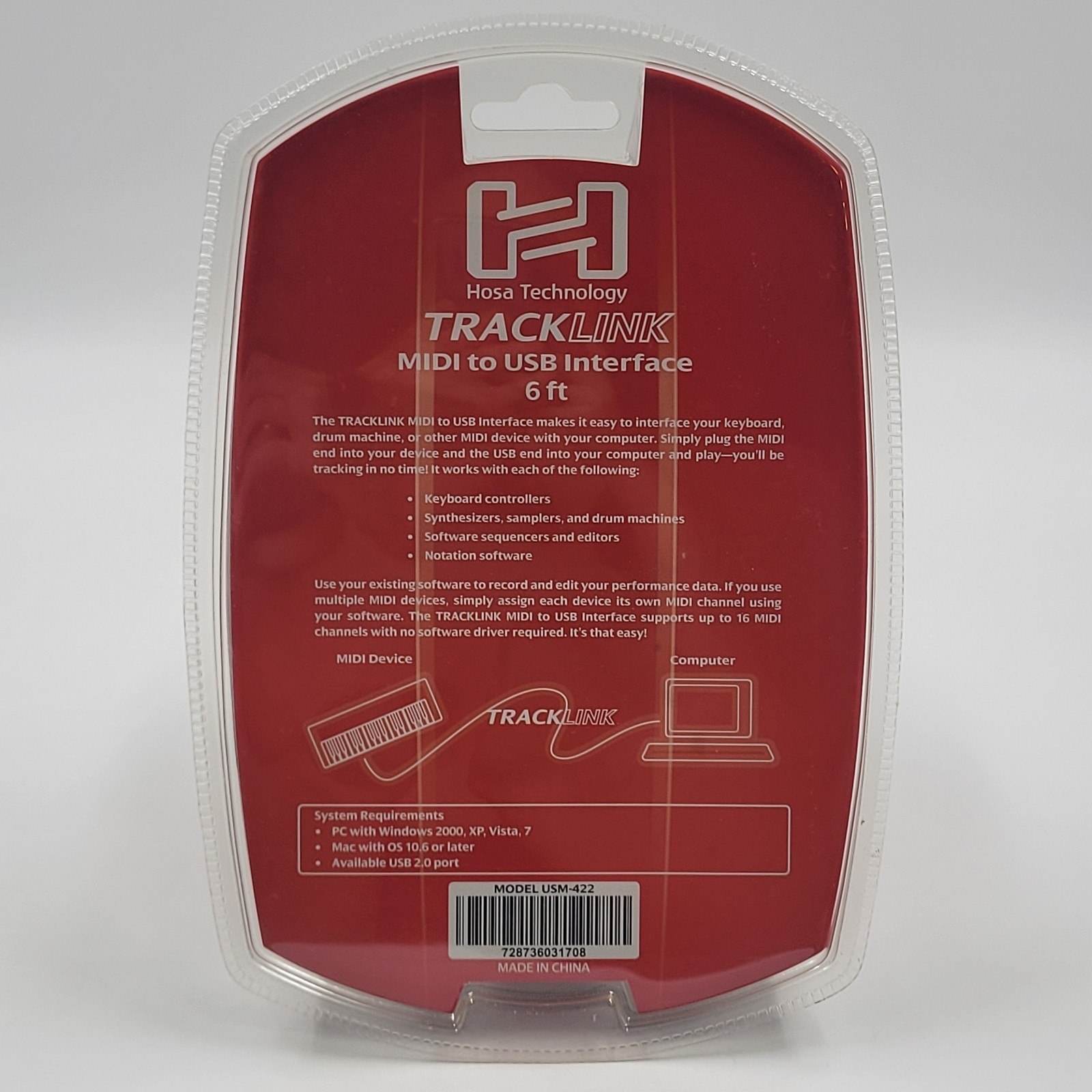 Hosa Technology USM-422 Tracklink MIDI To USB Interface 6 Foot Cable 