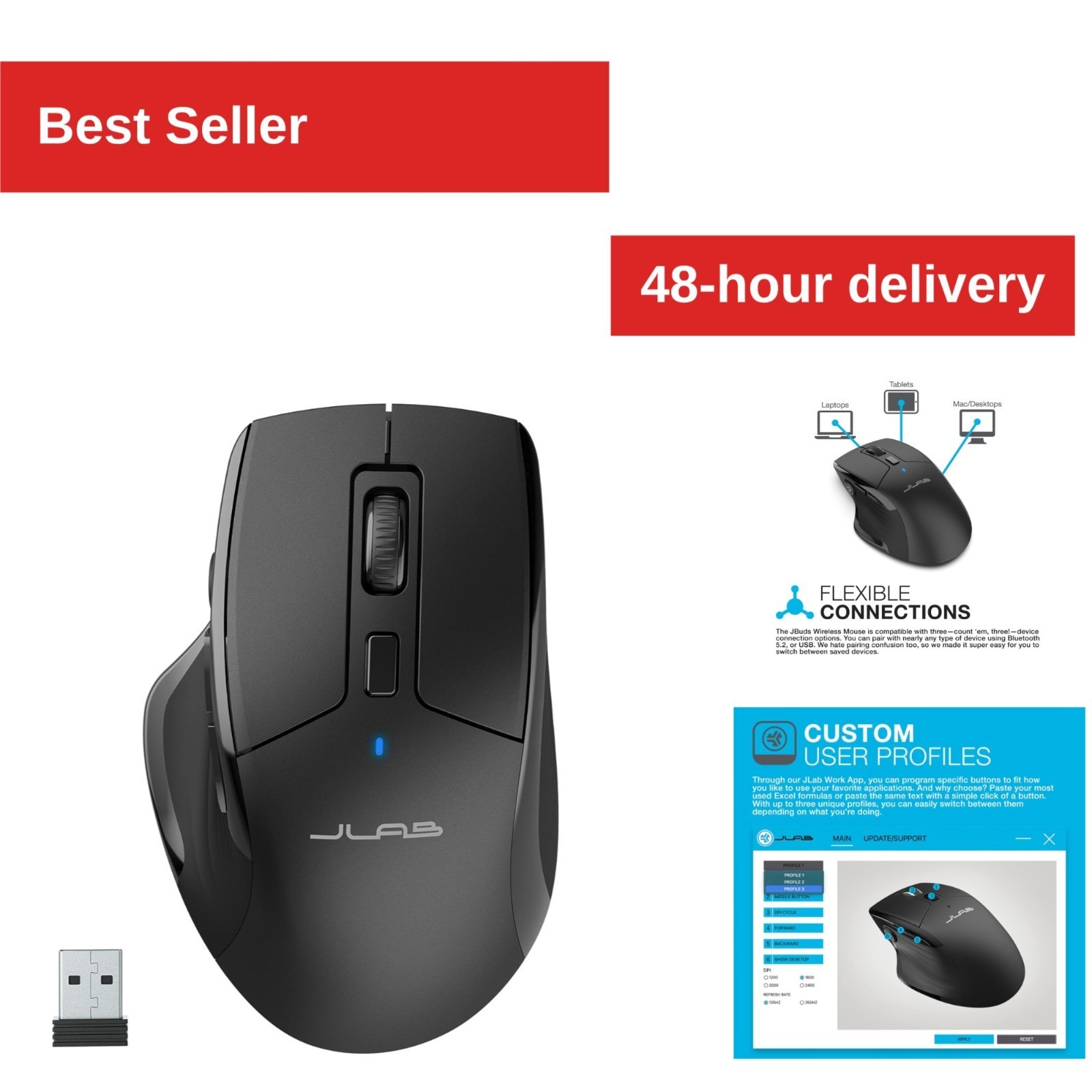 JLab JBuds Wireless Mouse Bluetooth USB Dongle Multi-Device Silent Click