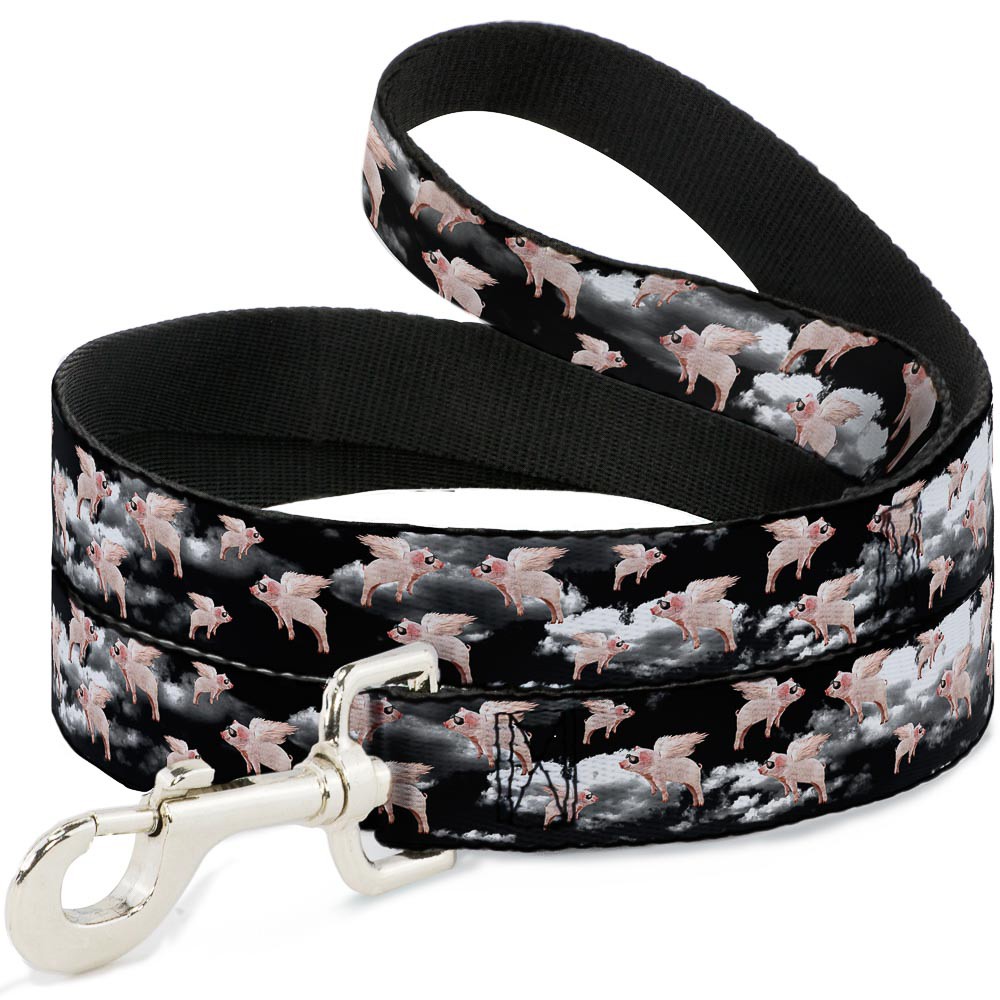 Dog Leash Flying Pigs Black/White/Pink NARROW 0.5"