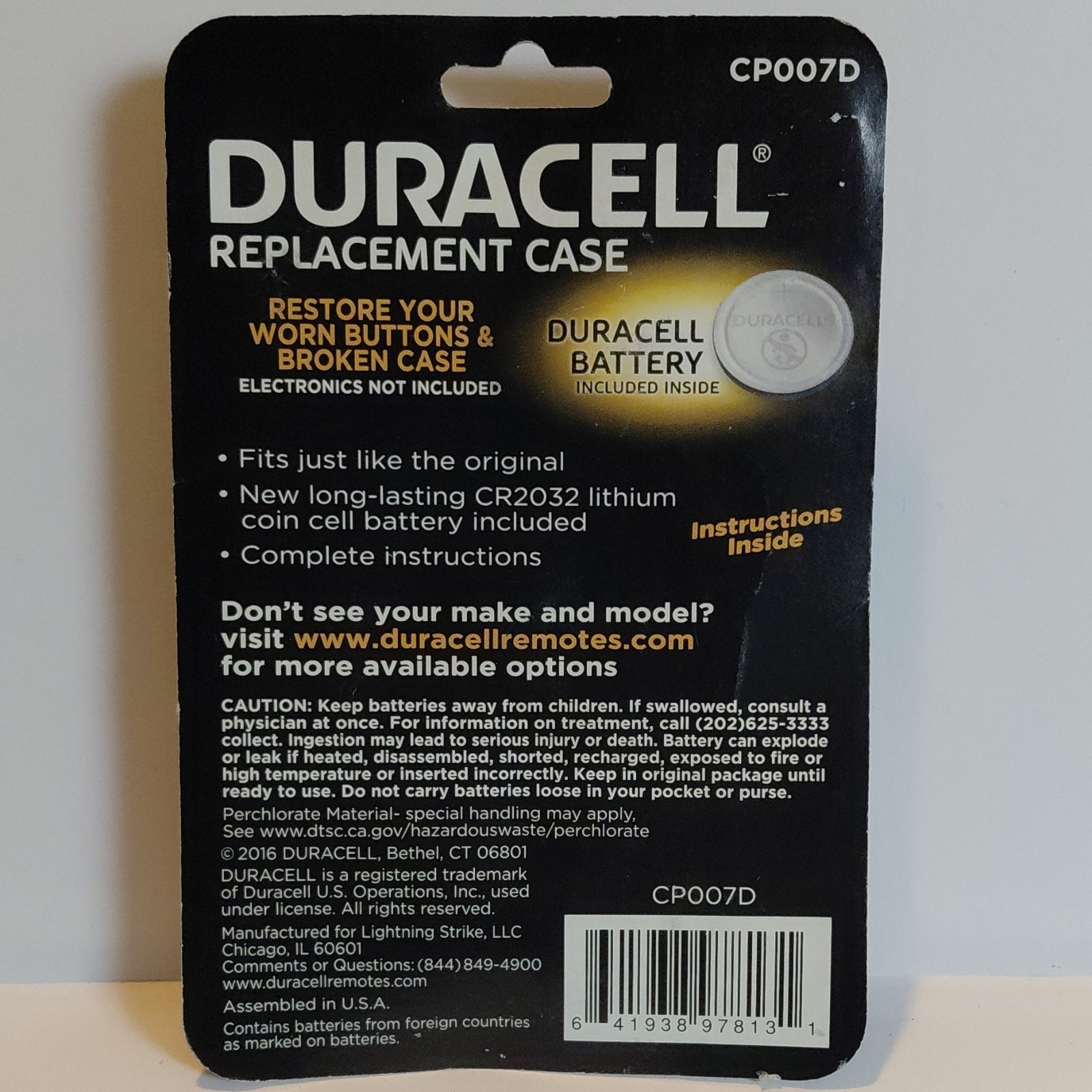 DURACELL CP007D GM Replacement Key Fob Shell