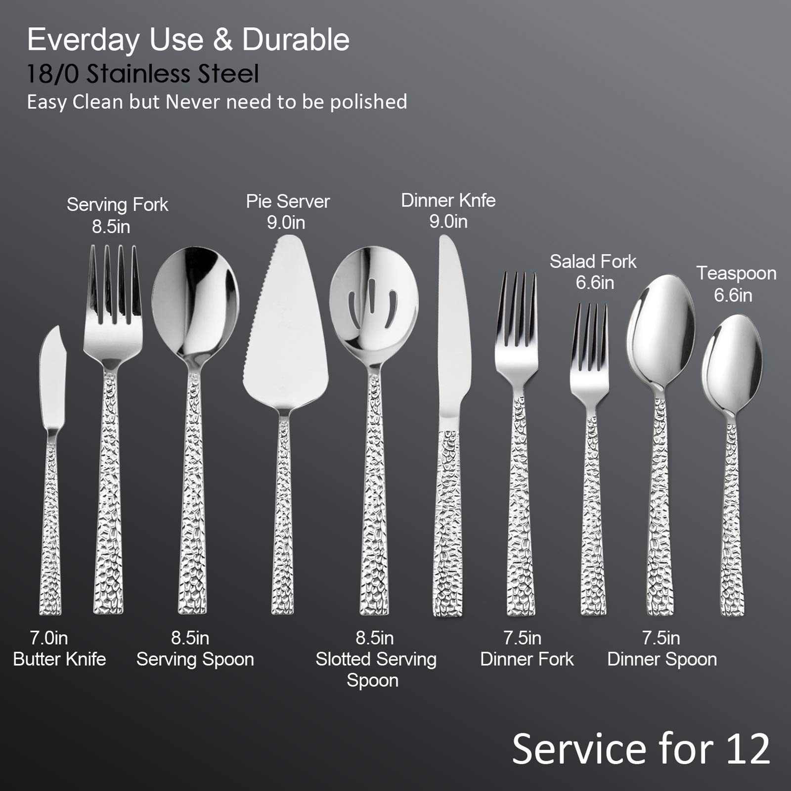 65-Piece Hammered Flatware Serving Set, Stainless Steel Silverware Cutlery Se...