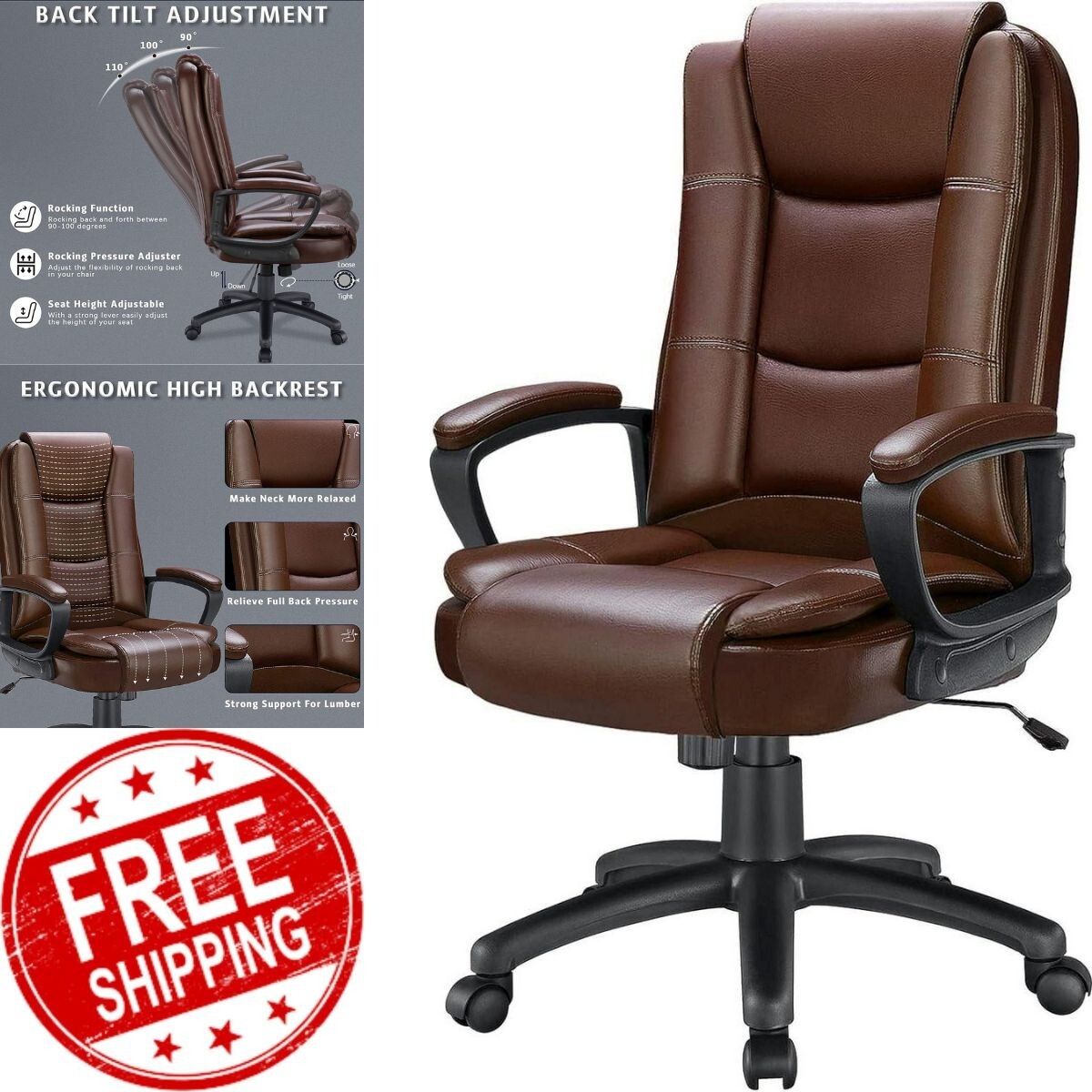 Heavy Duty Leather Office Rolling Computer Chair High Back Executive Desk Brown