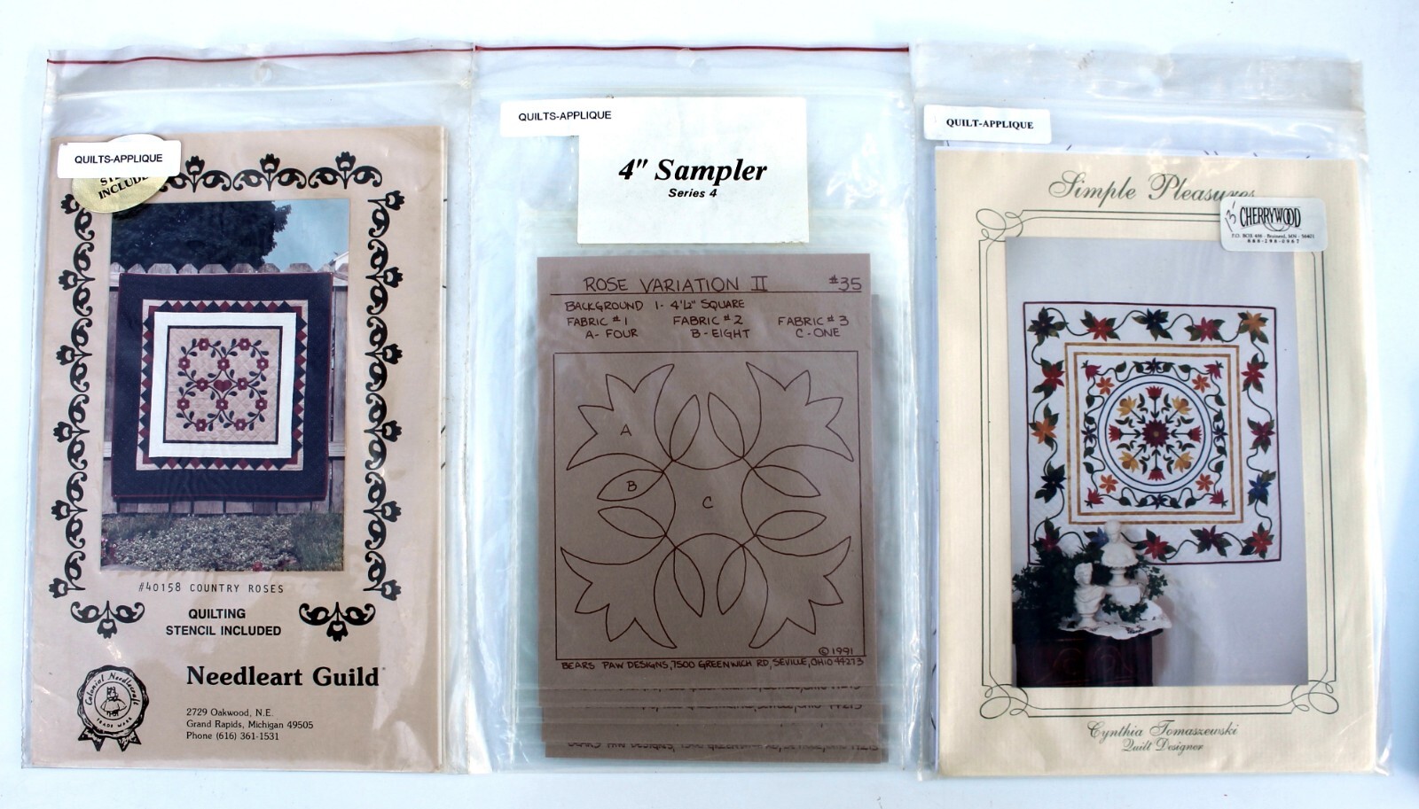Lot of 3 Quilt-Applique patterns of various subjects new old stock