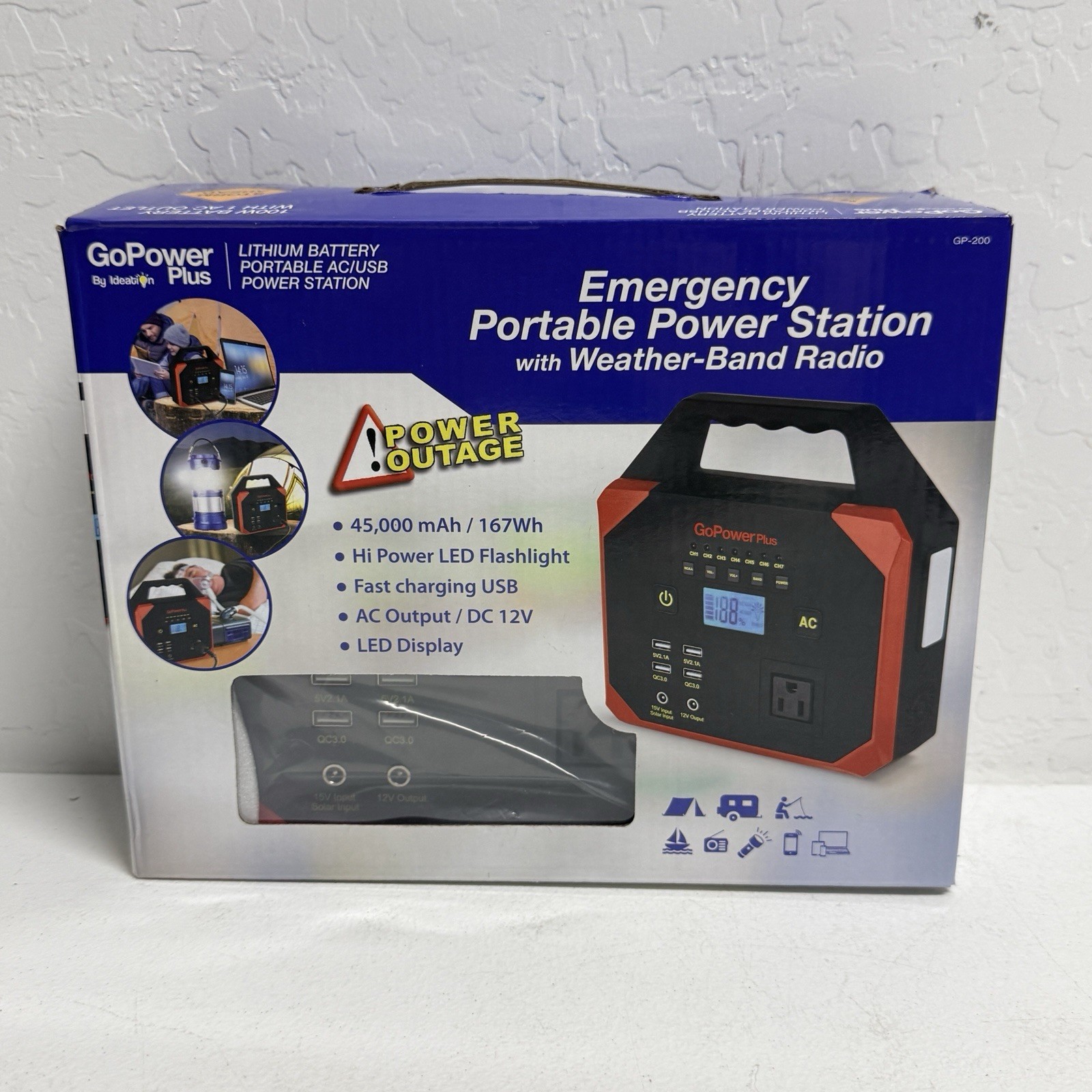 GoPower Plus 45,000 mAh Emergency Power Station GP 200 AC DC Weather Band Radio