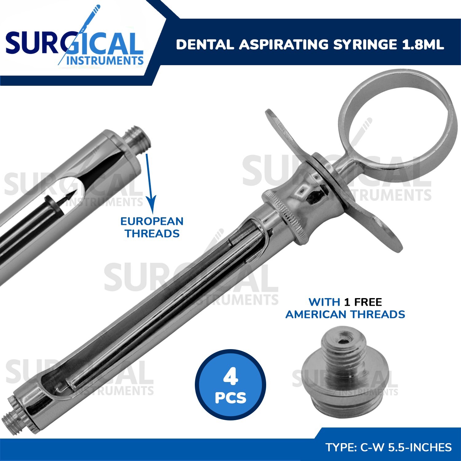 4 Dental Anesthetic Syringe Dental Instrument Self-Aspirating 1.8CC German Grade