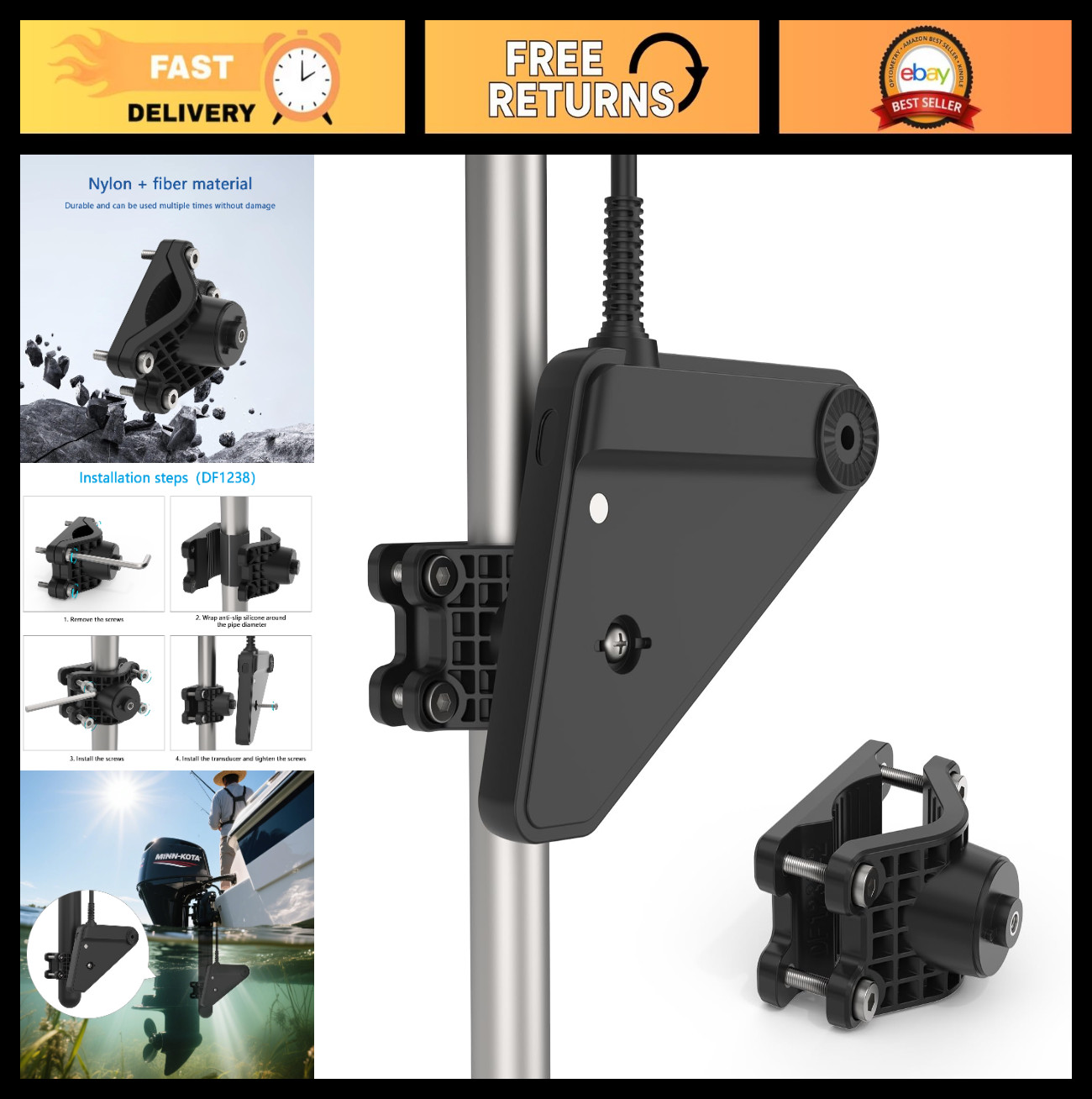 Adjustable Transducer Mount for 20-50mm Round Pole - Easy Install, Sturdy & Dura