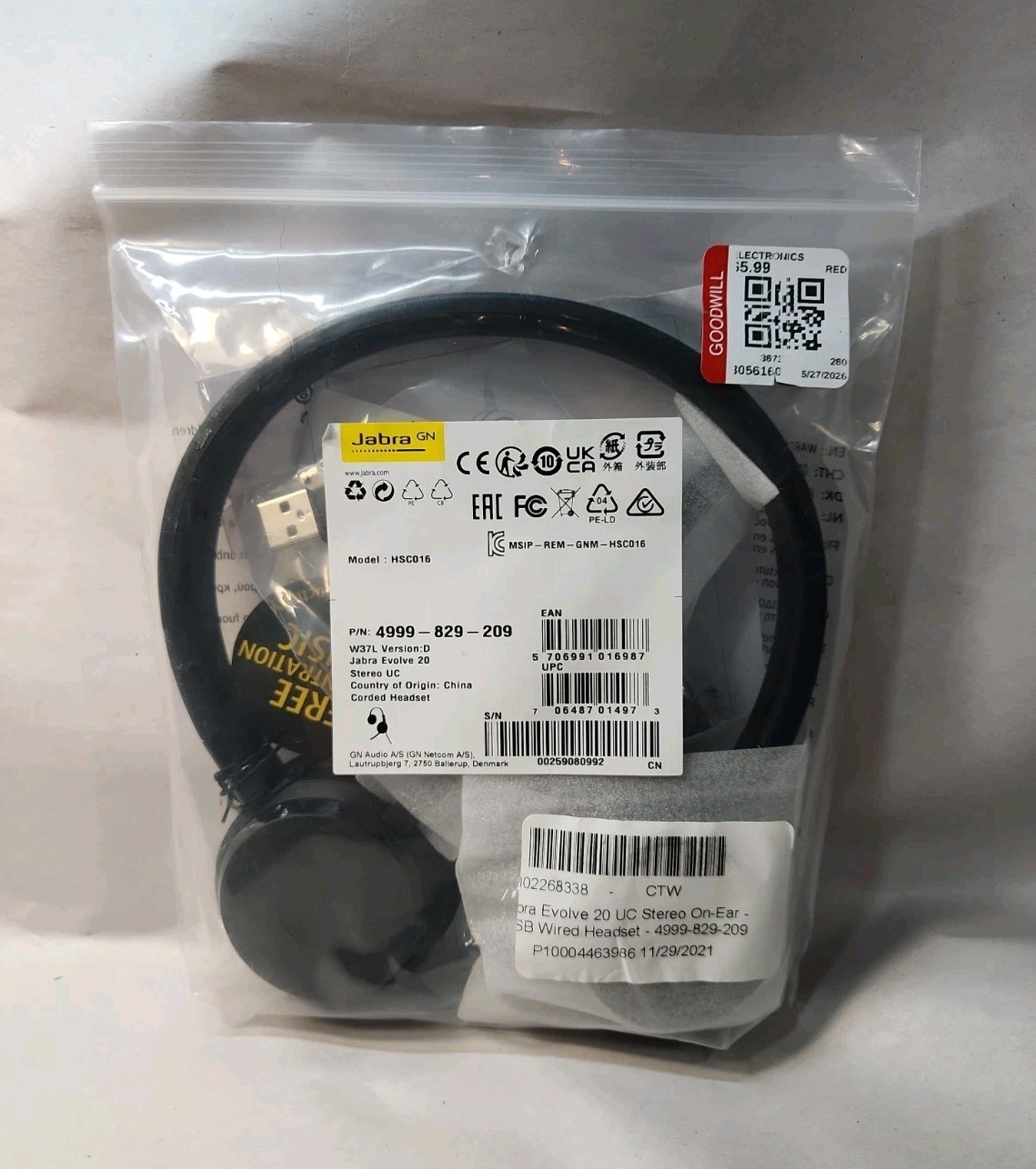 Jabra Evolve 20 UC Stereo Ear-Pad Headset 4999-829-209 New